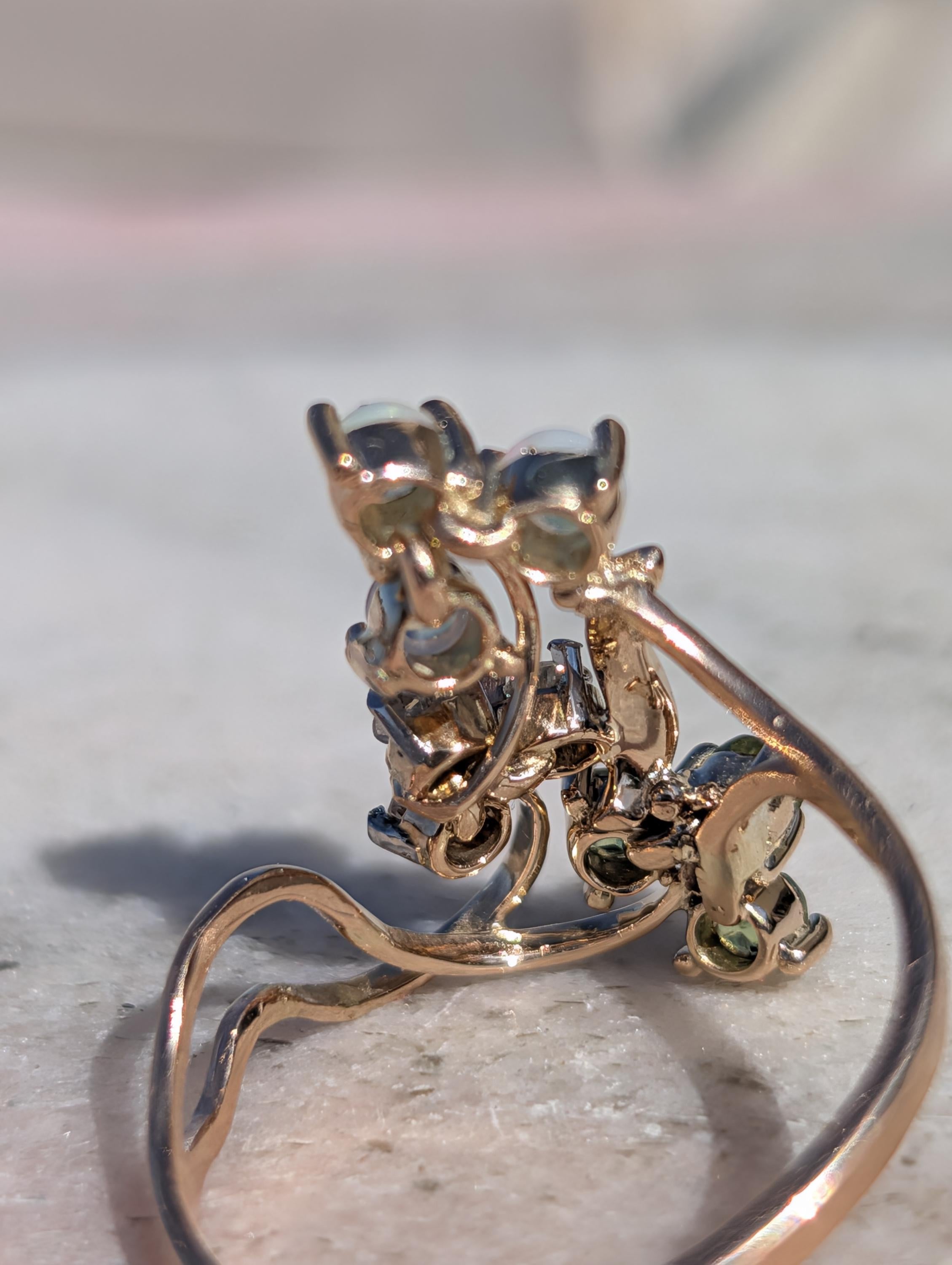 Art Nouveau 1900s Diamond Demantoid Opal Ring, 18k Yellow Gold Floral Vintage Engagement Ring, 1950s Heirloom Fine Jewelry Gift US 8.5