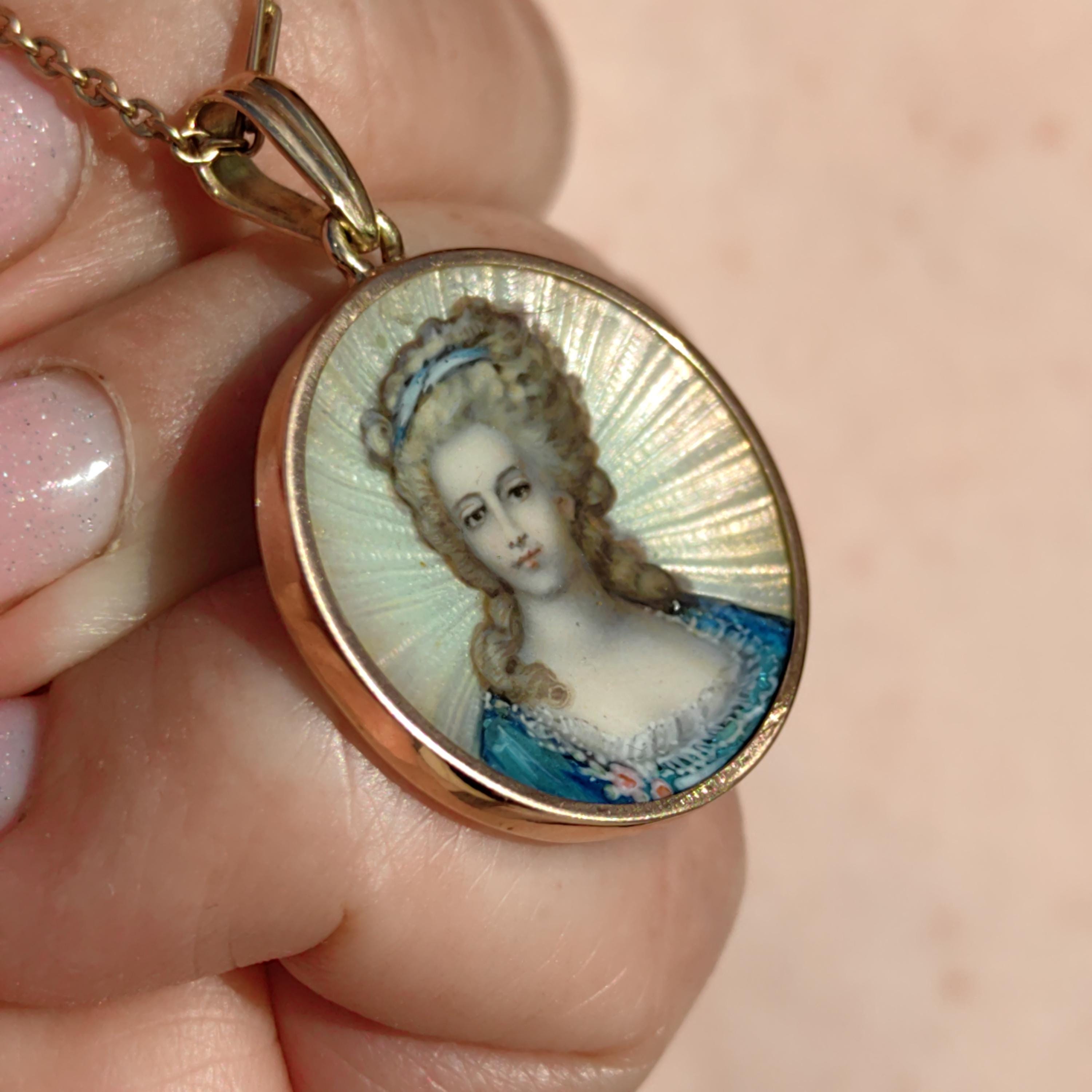 1920s 18k Gold Fire Enamel Portrait Pendant: Aristocratic Woman Miniature