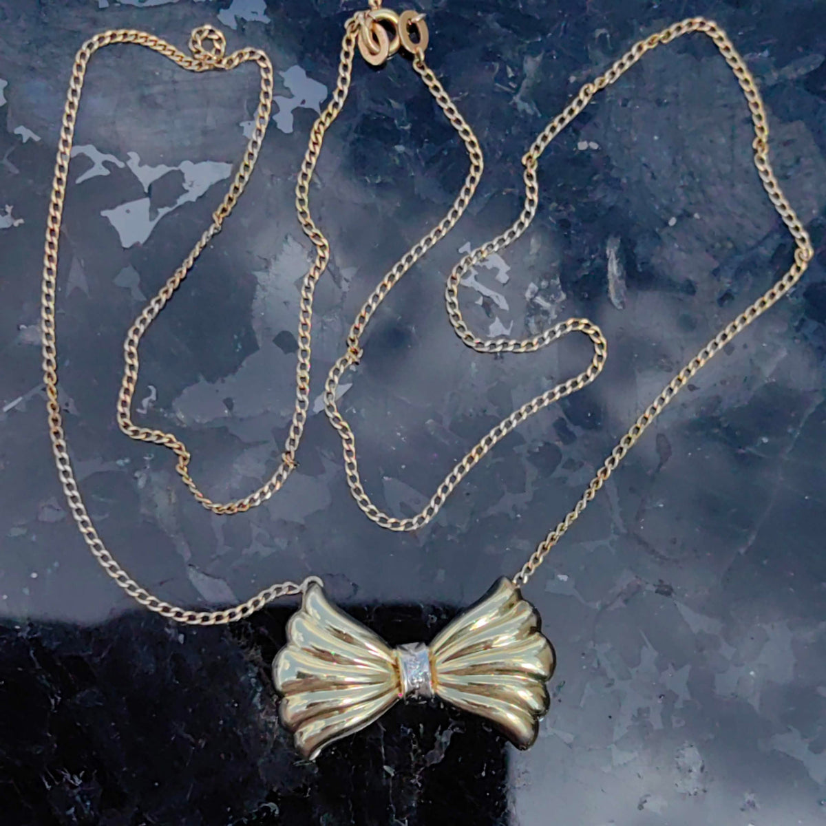 Antique 1940s Vintage Late Art Deco Diamond Bow 18k Hallmarked Solid Yellow Gold Elegant Pendant Necklace gift for Her Present Handmade