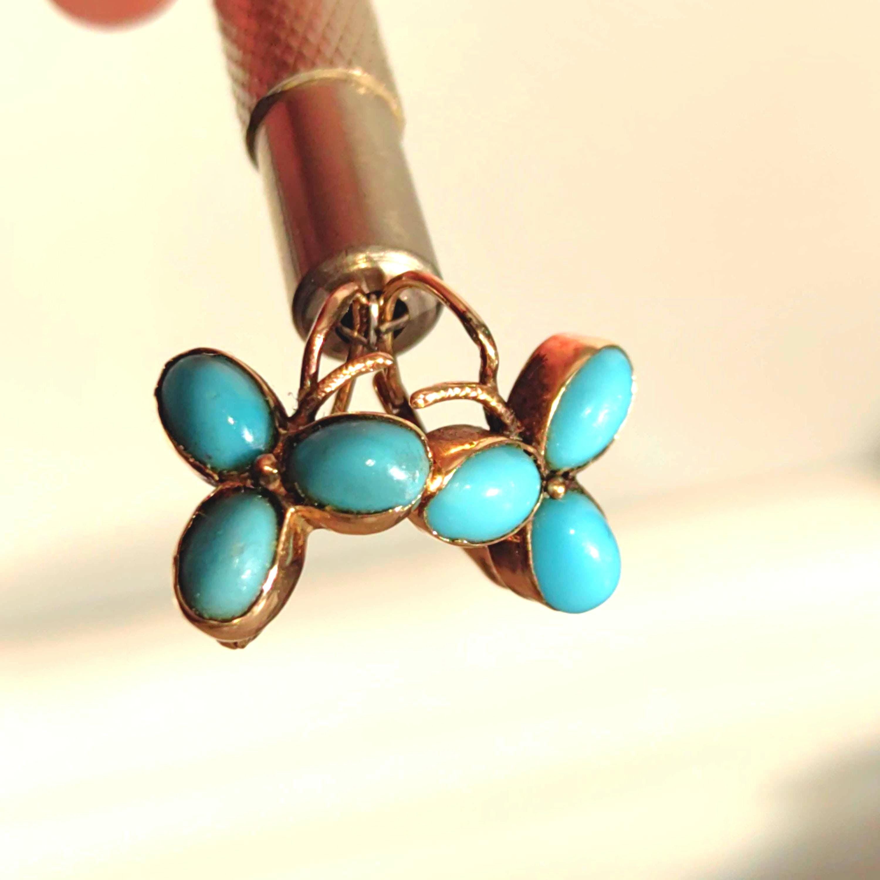 Antique 14k Gold Turquoise Earrings: Art Nouveau Trefoil Sleepers