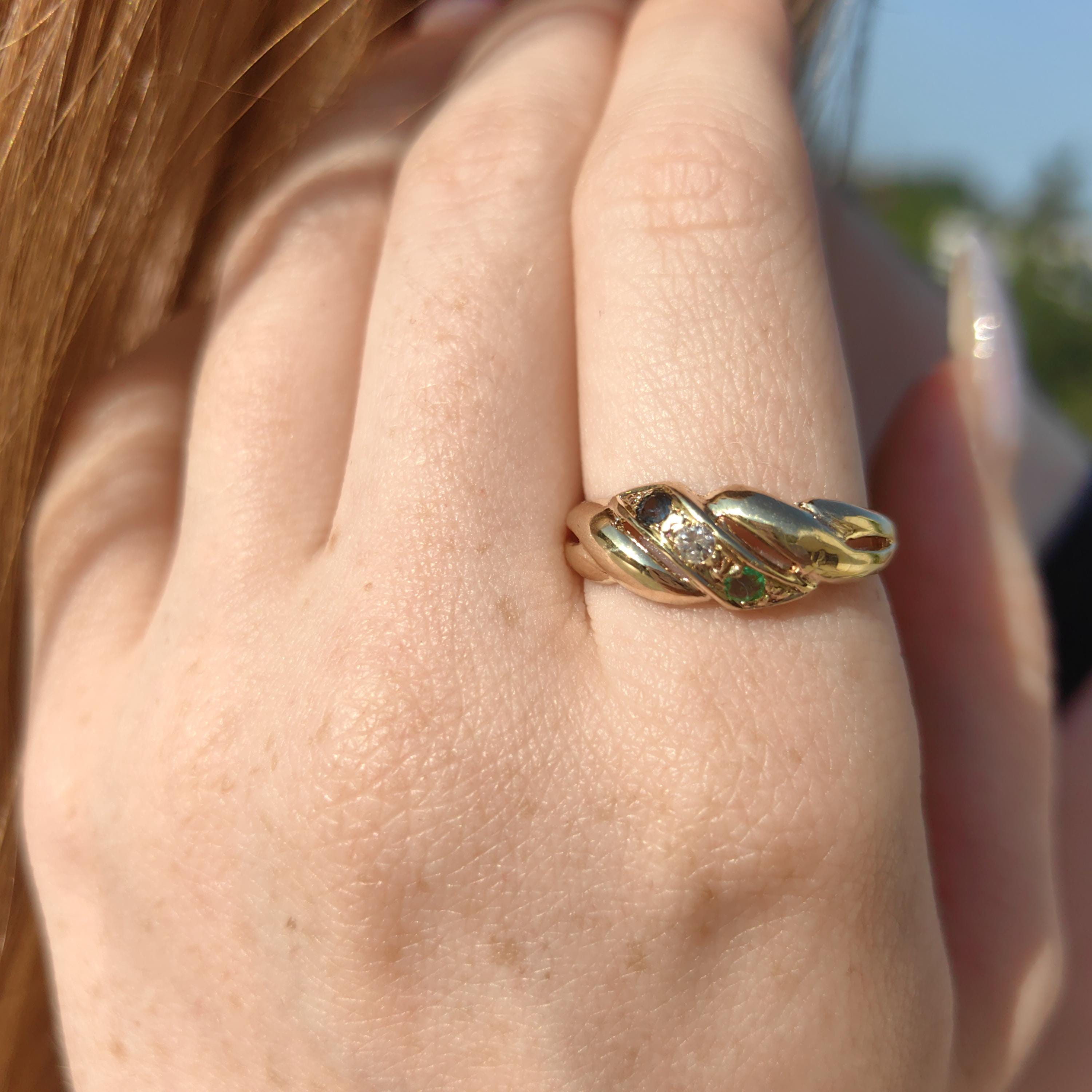 Natural Green Emerald Blue Sapphire Diamond 14k Solid Yellow Gold Vintage Antique Wave Shaped  Multi Stone Elegant Band Engagement Ring