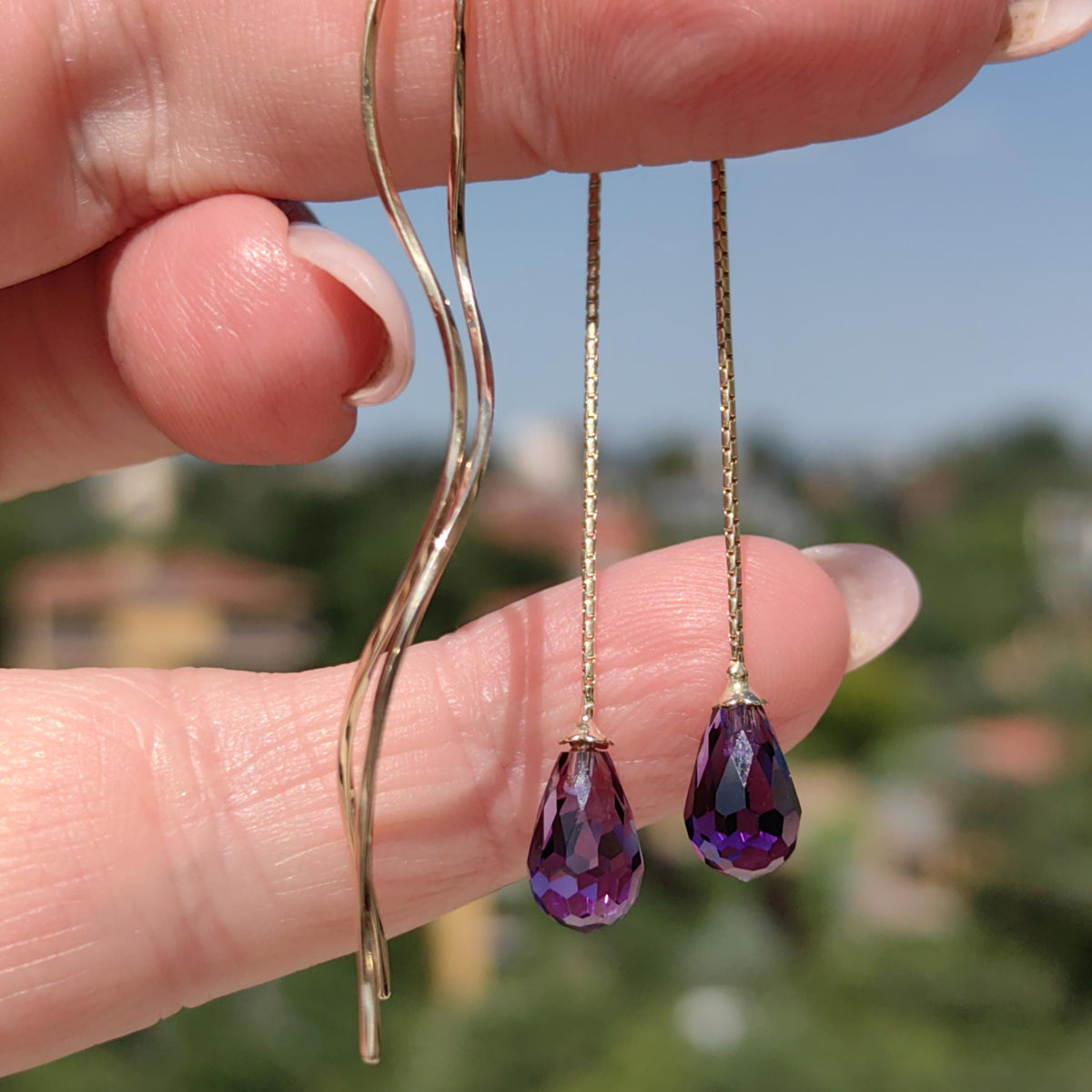 Natural Purple Amethyst Drop 14k Solid  Yellow Gold Dangle Elegant Long Statement Chain Earrings Gift for Her