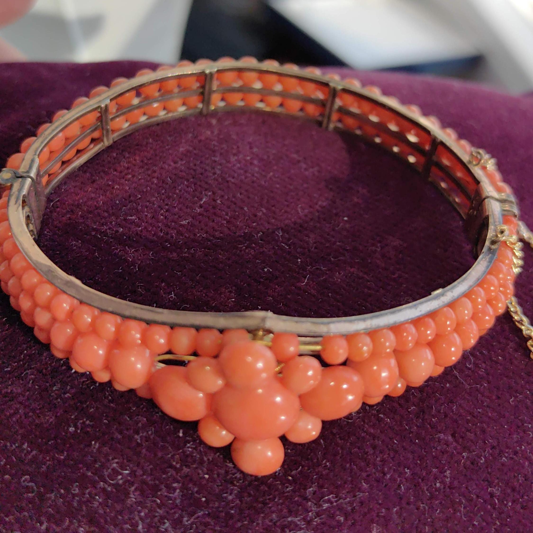 Victorian Coral Bracelet Gold Plated Silver Hinged Bangle Antique Coral Bead Statement Jewelry US Duty Free HTS 9706