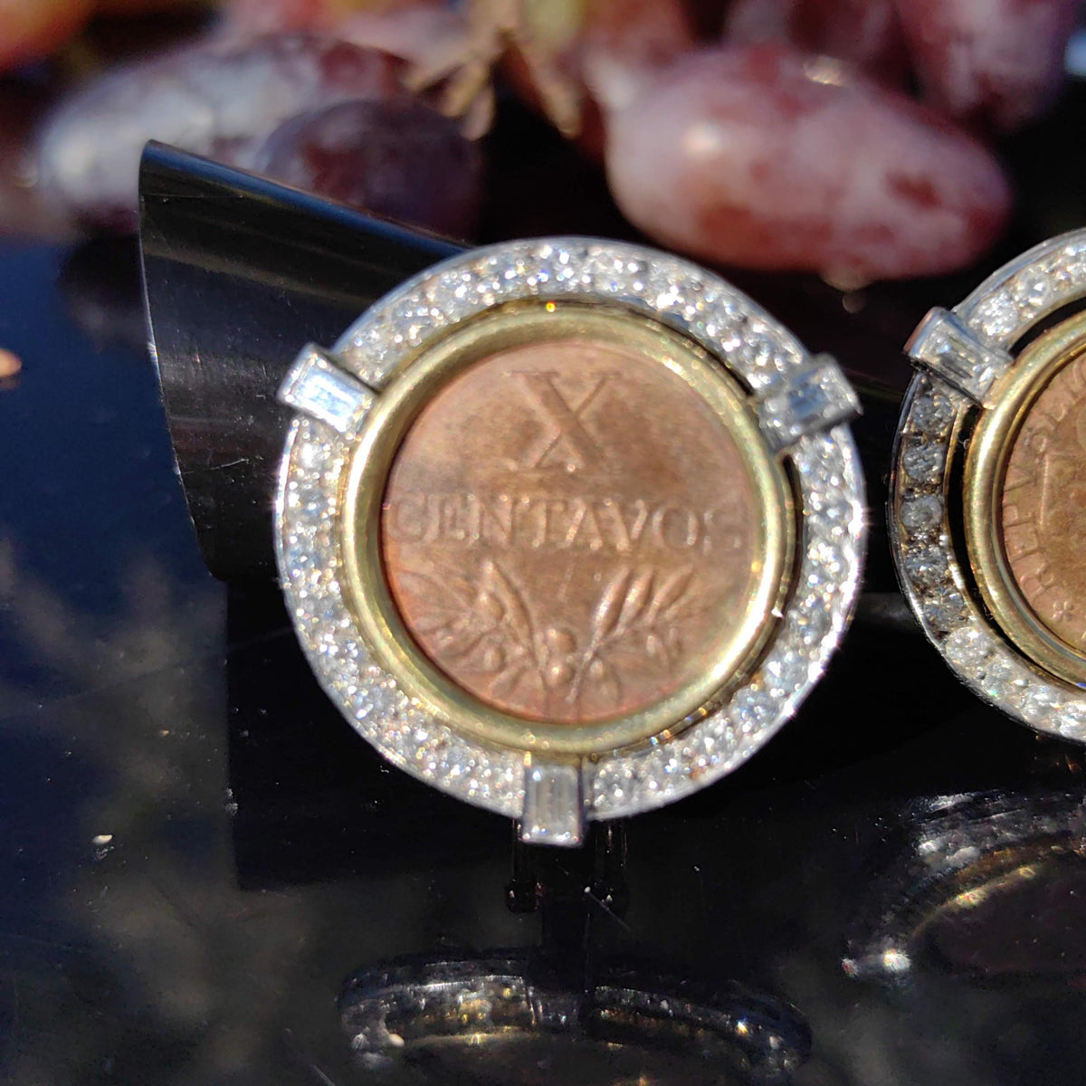 Art Deco 1940s Antique Vintage Diamond Coin 10 Centavos 14k Hallmarked Gold Stud Statement Earrings Gift for Her Present