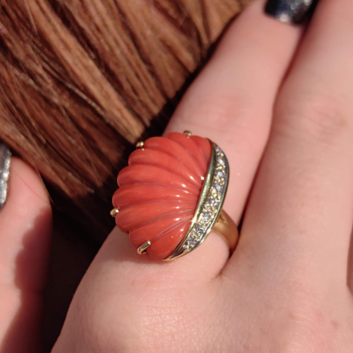 Hand Carved Shell Shaped Red Mediterranean Coral Diamond 18k Solid Yellow Gold Vintage Large  Statement Ring Gift Present