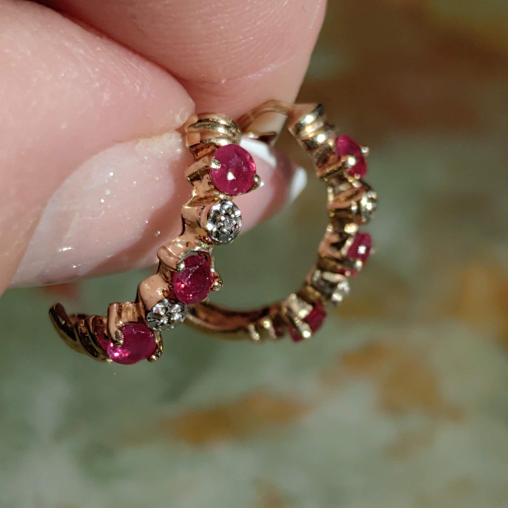 Vintage 14k Yellow Gold Ruby & Diamond Hoop Earrings