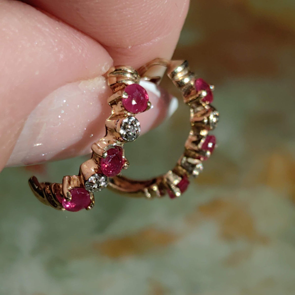 Vintage 14k Yellow Gold Ruby & Diamond Hoop Earrings