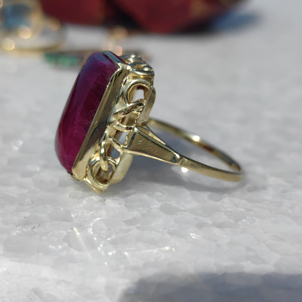 Vintage Art Deco Natural Opaque Red Ruby Elegant Rectangle Emerald Cut Ring 14k Solid Yellow Gold Geometric Statement Ring Gift Present