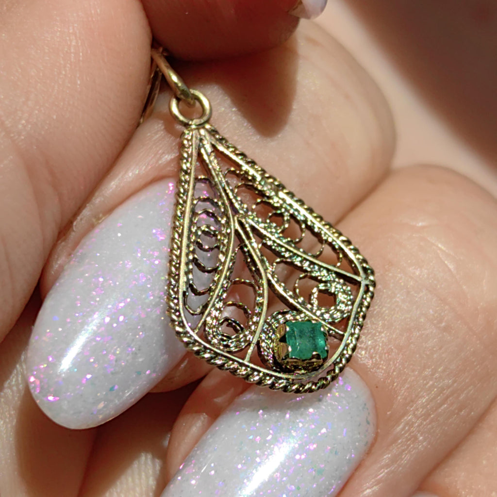 Victorian Emerald Pendant: 14k Yellow Gold Filigree, Hand-Chiseled Floral Charm
