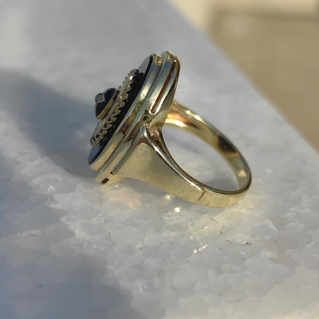 Victorian Onyx Diamond 14k Yellow Gold Star Ring