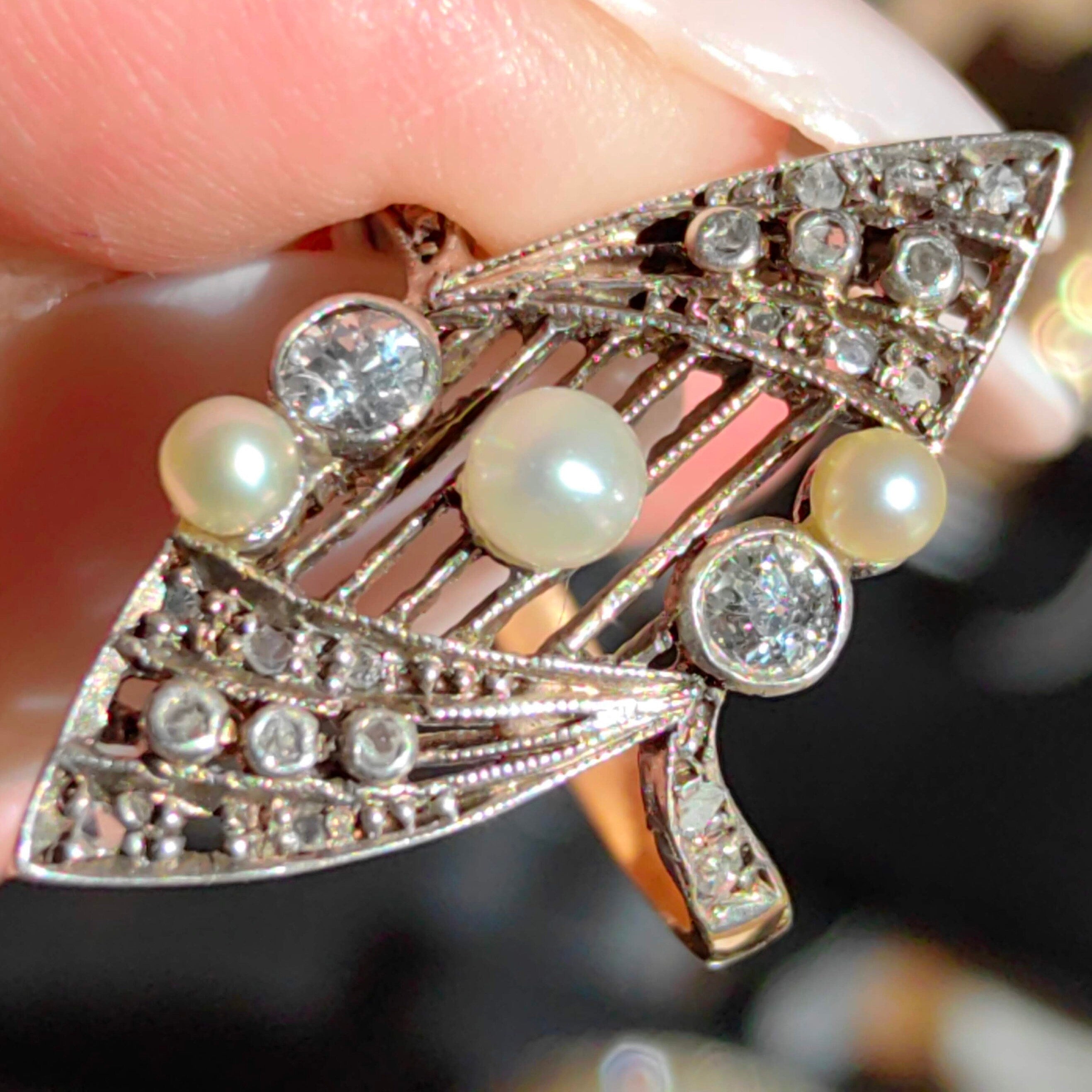 Art Deco Pearl Diamond Ring: 18k Gold Filigree Cocktail Ring