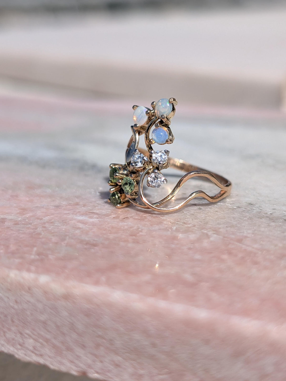 Art Nouveau 1900s Diamond Demantoid Opal Ring, 18k Yellow Gold Floral Vintage Engagement Ring, 1950s Heirloom Fine Jewelry Gift US 8.5