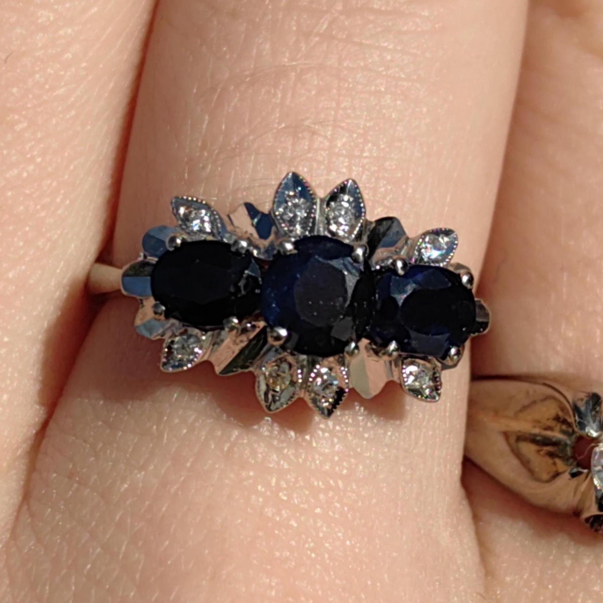 Natural Sapphire Diamond 18k 750 Hallmarked Solid White Gold Mid Century Engagement Ring, Vintage Antique Elegant Ring Gift for Her
