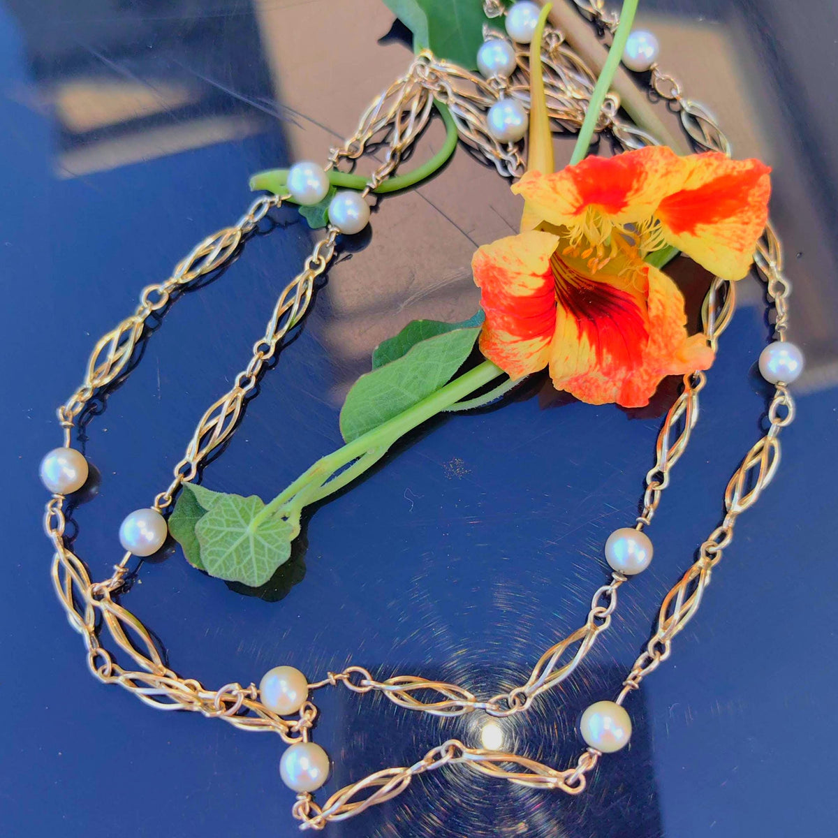 Vintage 14k Gold Pearl Beaded Chain Necklace - 73cm Art Deco Gift
