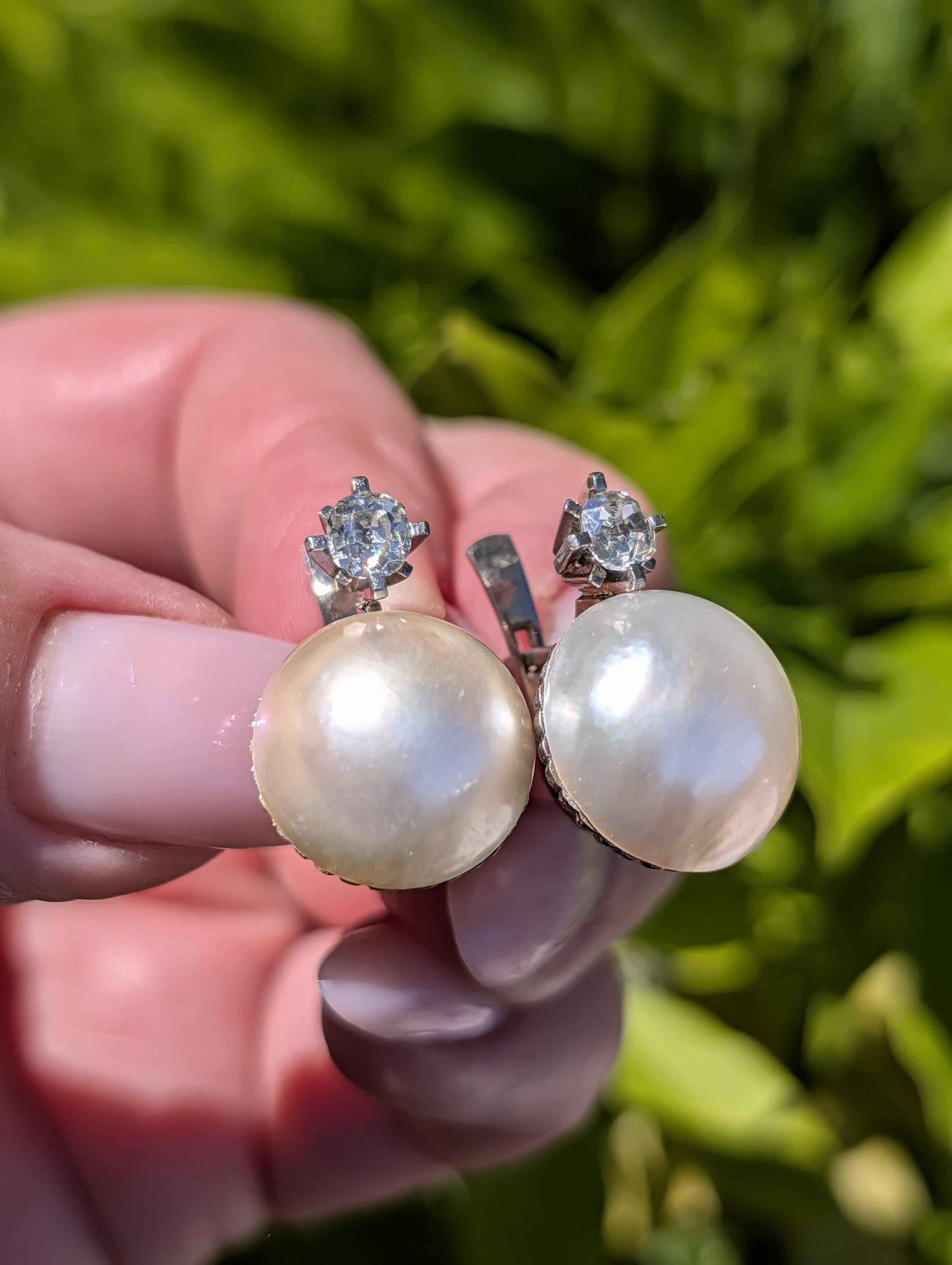 1940s Diamond Mabe Pearl Statement Earrings 18k White Gold Old Mine Cut Diamonds Hallmarked Luxury Fine Jewelry Gift for Her