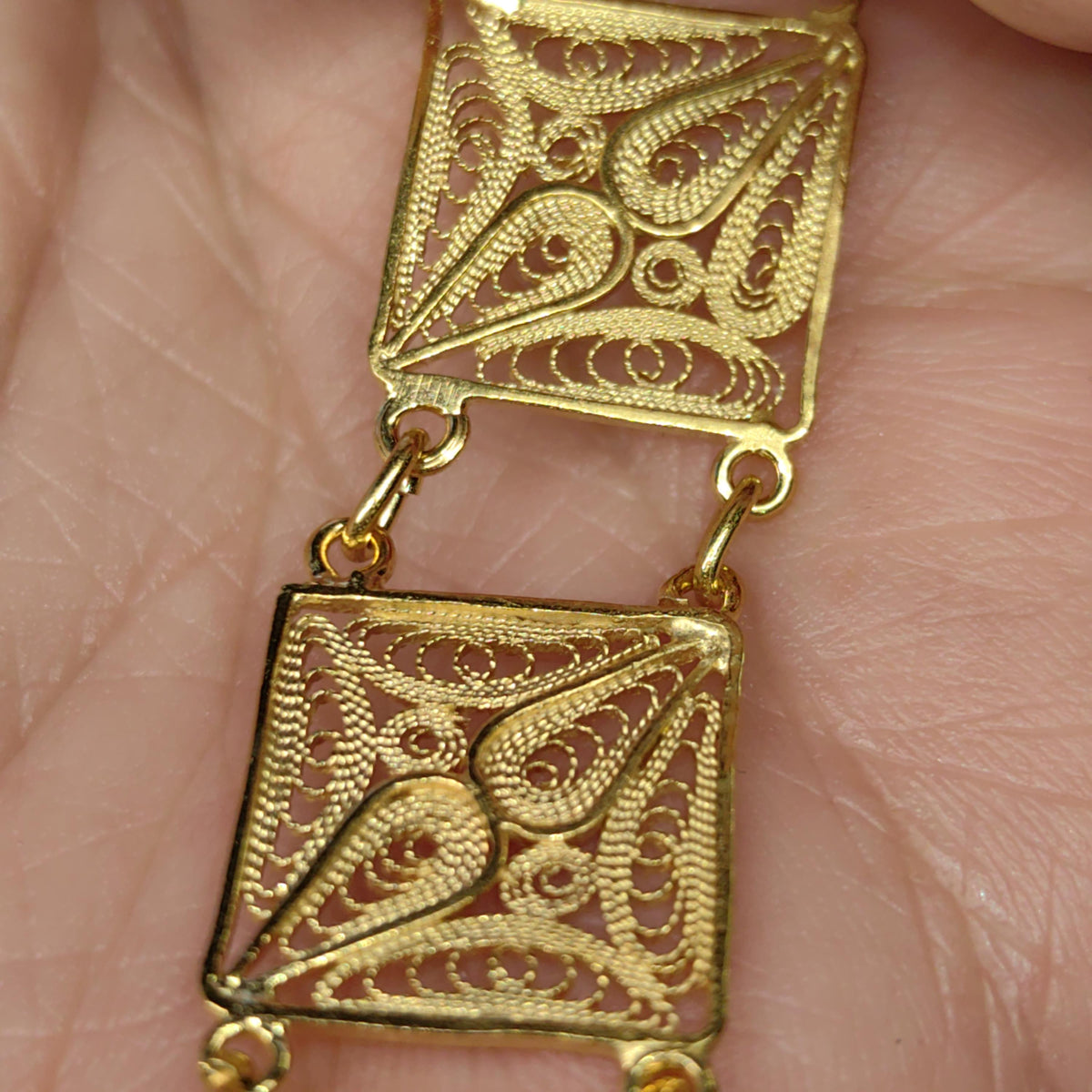 1940s s Antique Vintage 24k Gold Plated Hallmarked 925 Sterling Silver Handmade Filigree Chain Square link Bracelet gift for her wife girl