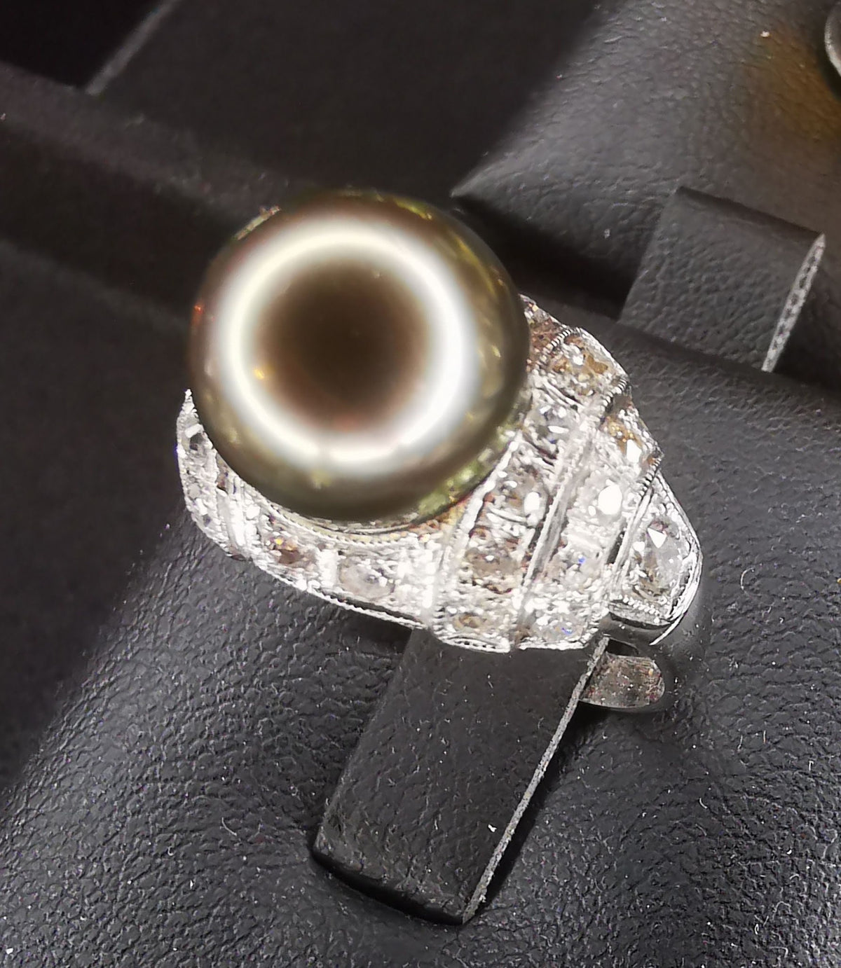 Art Deco Tahitian Pearl Diamond Ring - 1920s White Gold