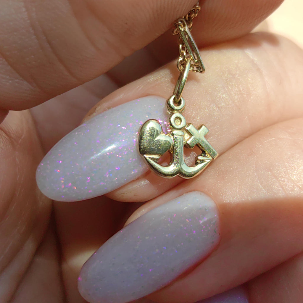 14k Gold Cross Heart Anchor Charm: Antique Faith, Love, Travel Pendant