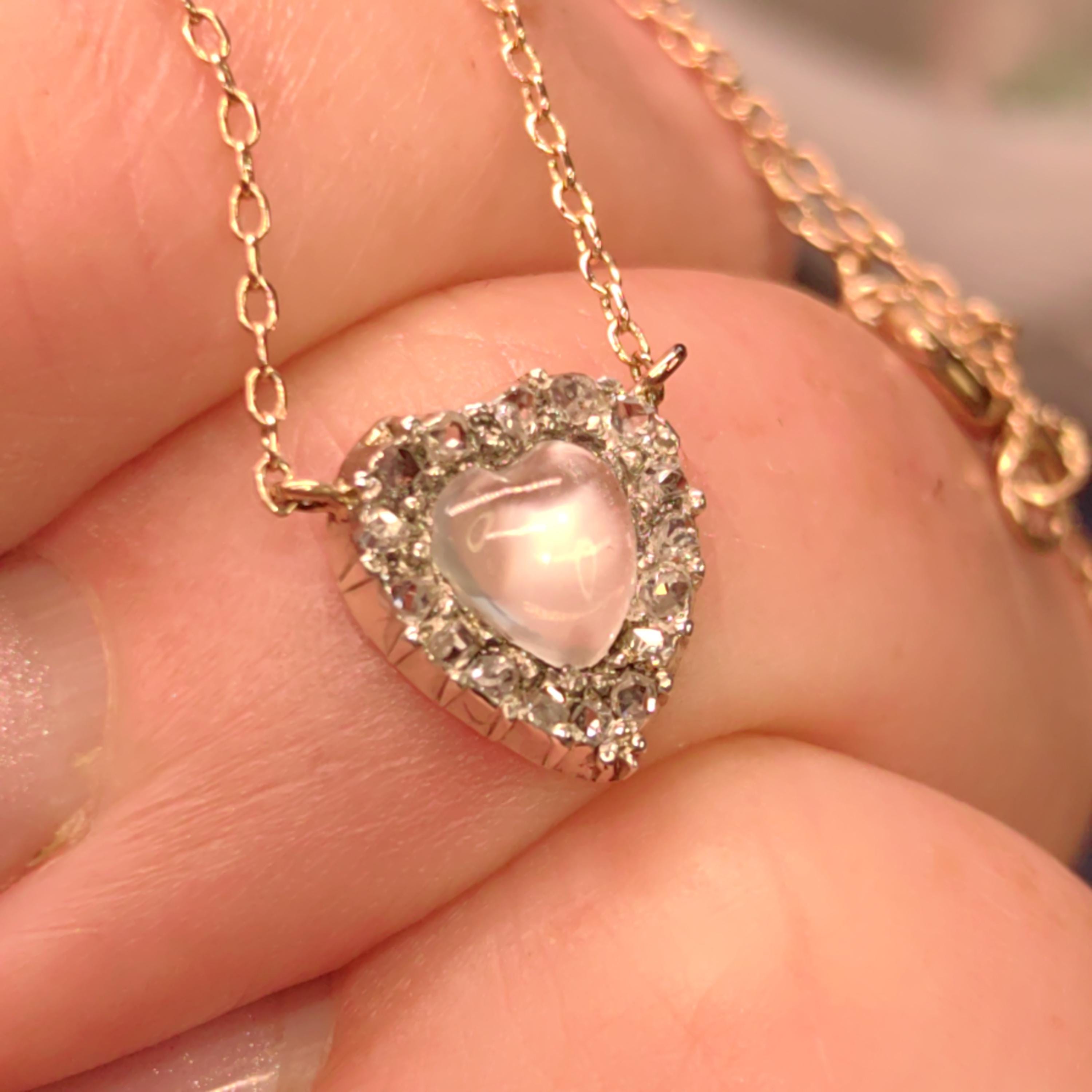 Victorian Diamond Moonstone Heart Pendant 14k Solid Yellow Gold with Chain Vintage Dainty wedding Elegant Love Jewelry Valentines Gift