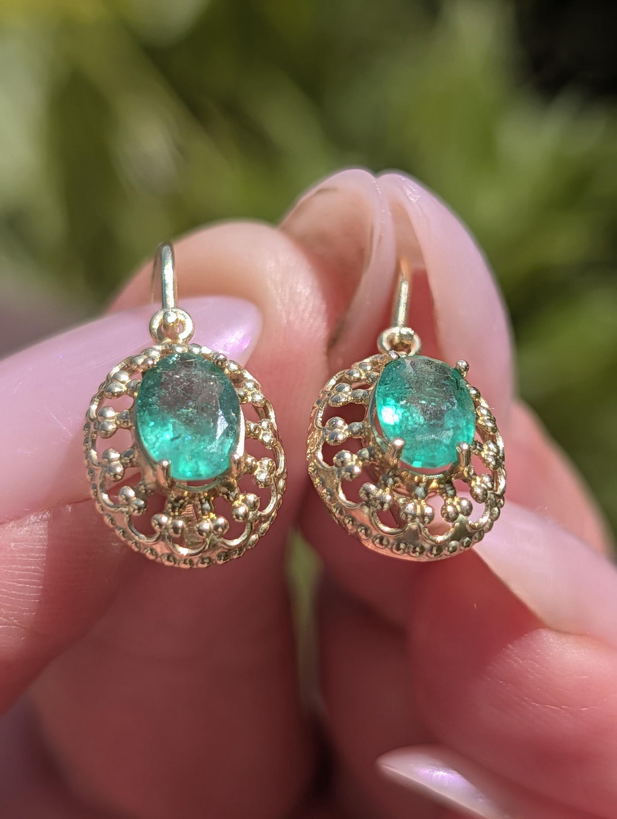 Late Art Deco 1940s Emerald Earrings, 14k Yellow Gold Natural Emerald Drop Earrings, Vintage Heirloom Fine Dangle Earrings Gift for Her