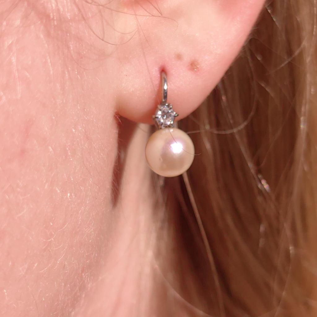 Diamond  Pearl 18k Solid White Gold Mid Century 1950s Antique Vintage Sleepers Lever Back Closure Elegant Earrings Gift for her
