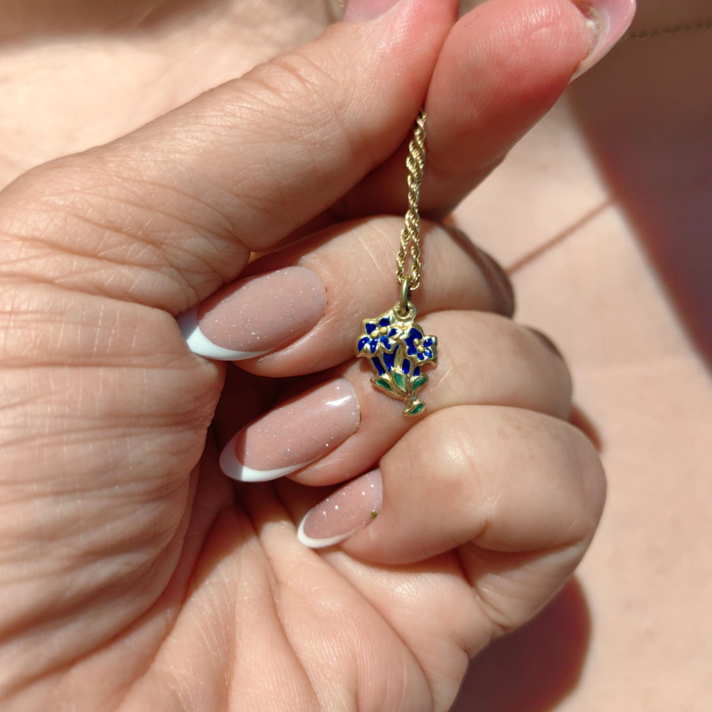 14k Gold Art Deco Floral Pendant: Hand Painted Enamel Flower Charm