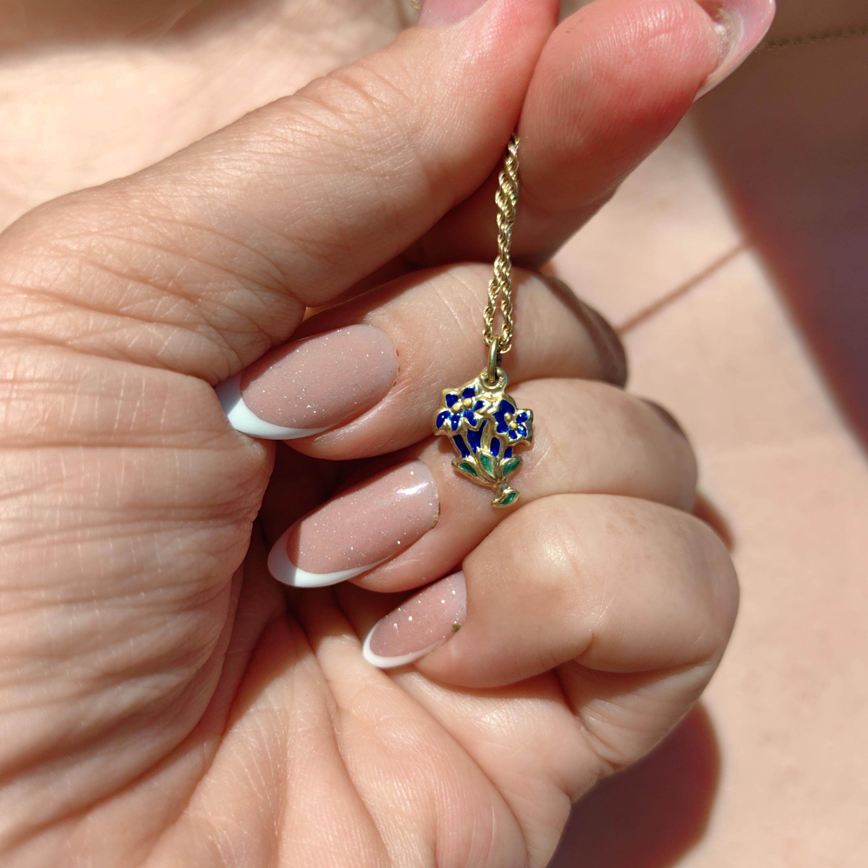 14k Gold Art Deco Floral Pendant: Hand Painted Enamel Flower Charm