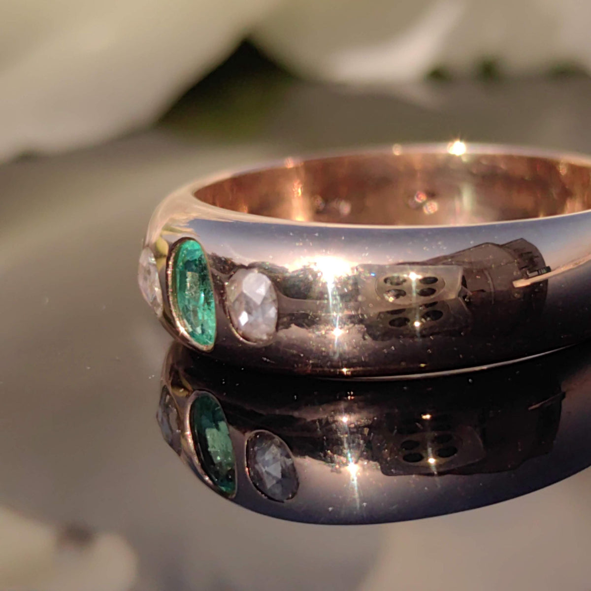 Victorian Emerald & Diamond Ring: 14k Yellow Gold Bezel Setting