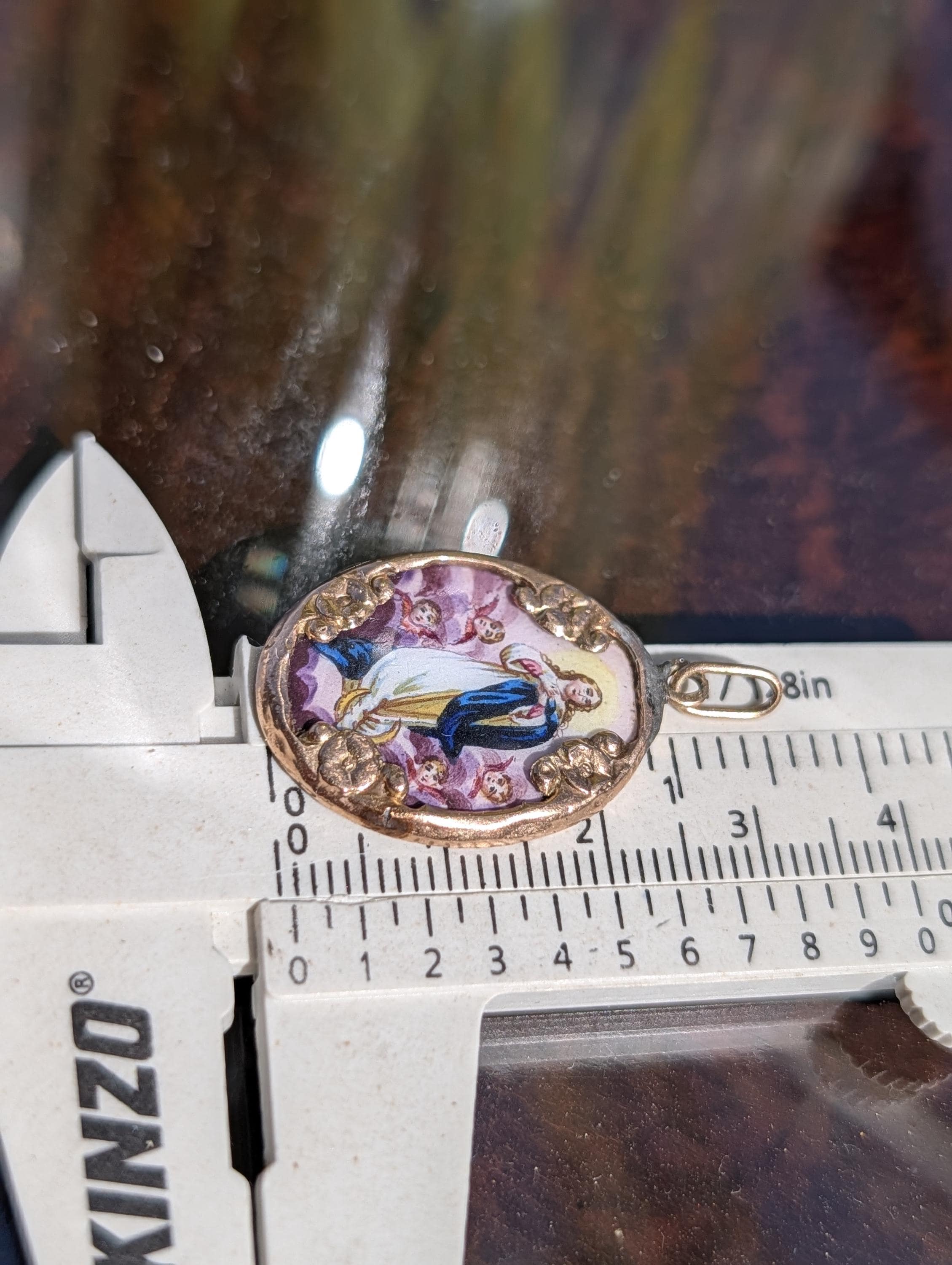 Antique 14k Gold Virgin Mary Pendant Hand Painted Enamel Religious Medal Catholic Charm Madonna Necklace Gift