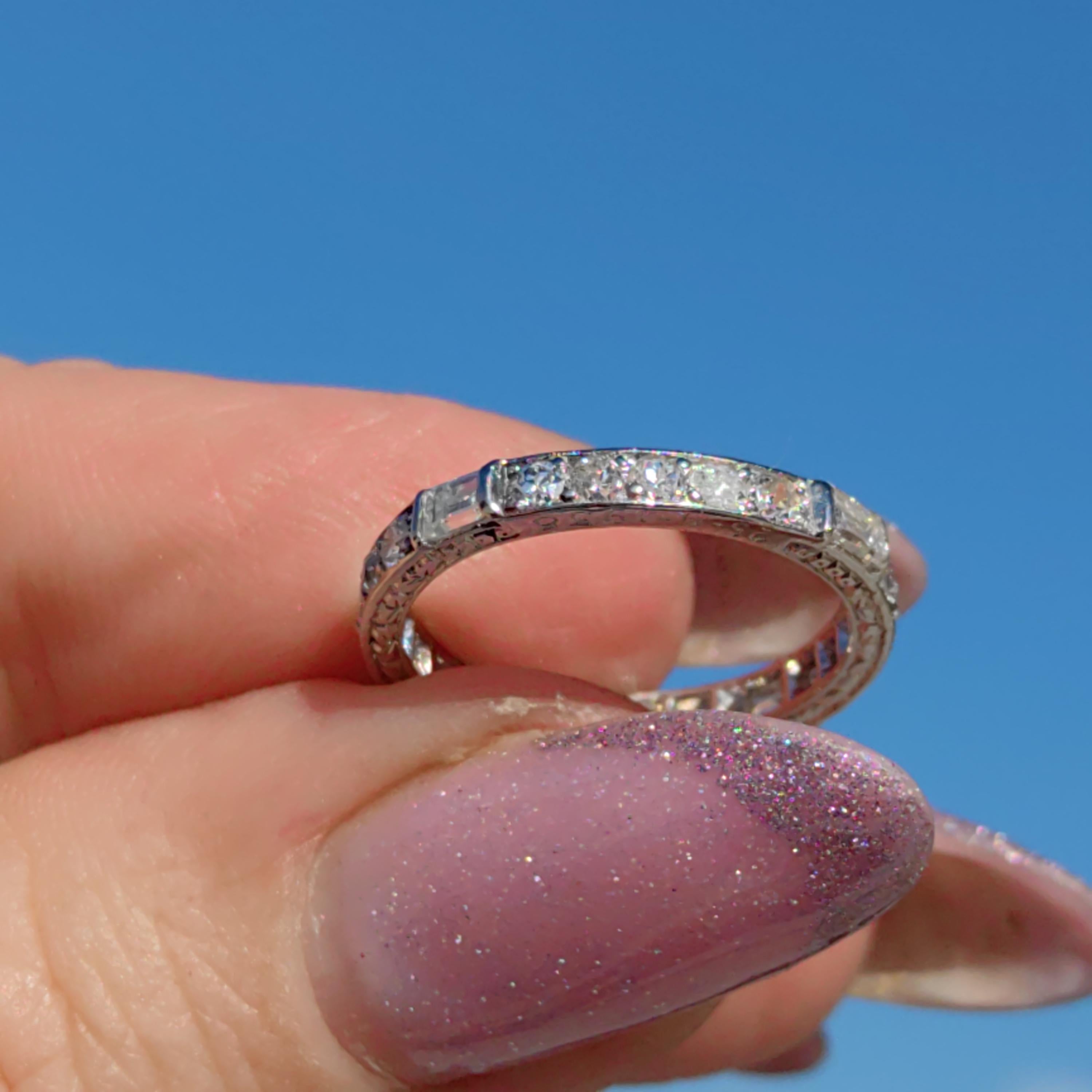 Art Deco Diamond Eternity Ring: 14K Gold Wedding Band, 1930s Floral Design