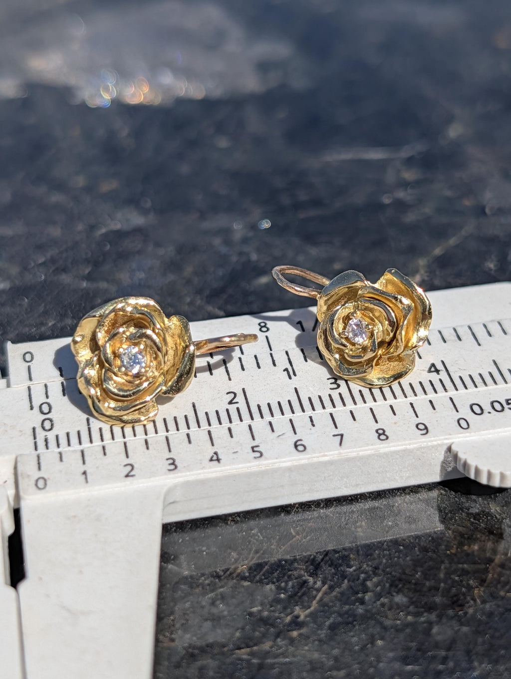 Vintage 18k Yellow Gold Rose Flower Diamond Sleeper Earrings, Handmade Petal by Petal Romantic Feminine Floral Earrings Gift for Her