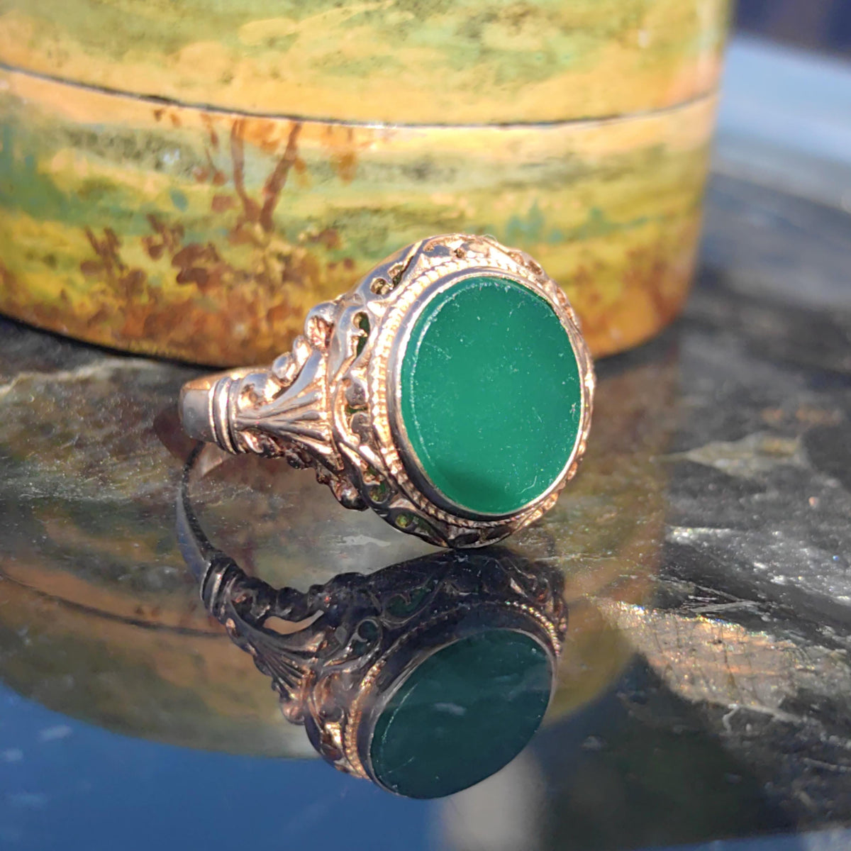 Vintage Chrysoprase Ring: 14k Yellow Gold Floral Solitaire, Size 10