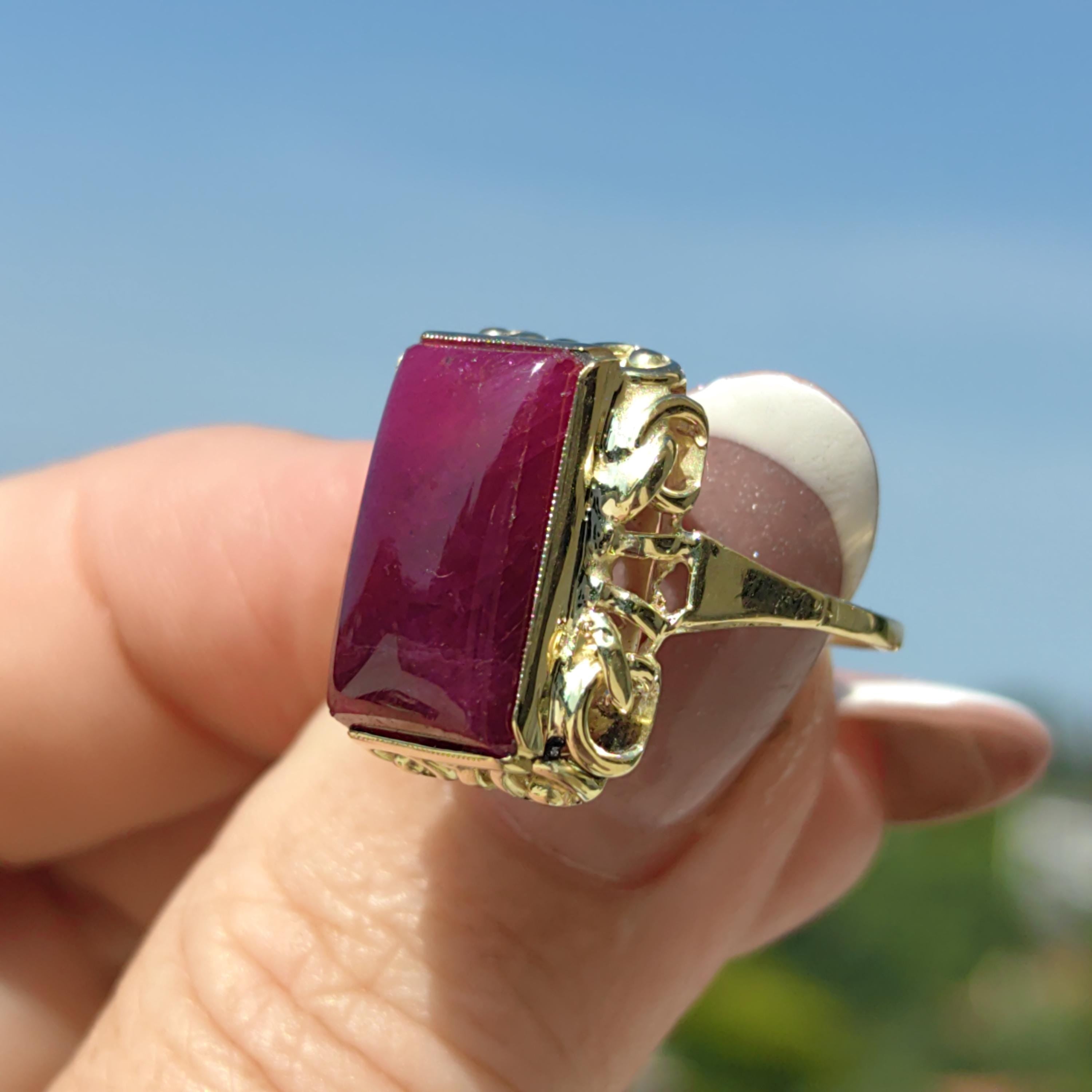 Vintage Art Deco Natural Opaque Red Ruby Elegant Rectangle Emerald Cut Ring 14k Solid Yellow Gold Geometric Statement Ring Gift Present