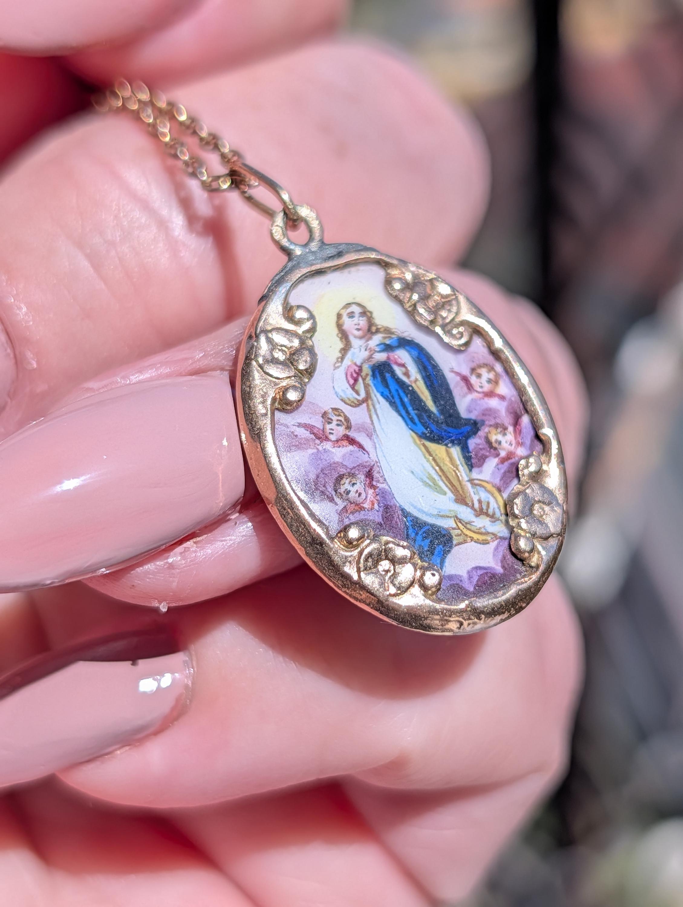 Antique 14k Gold Virgin Mary Pendant Hand Painted Enamel Religious Medal Catholic Charm Madonna Necklace Gift