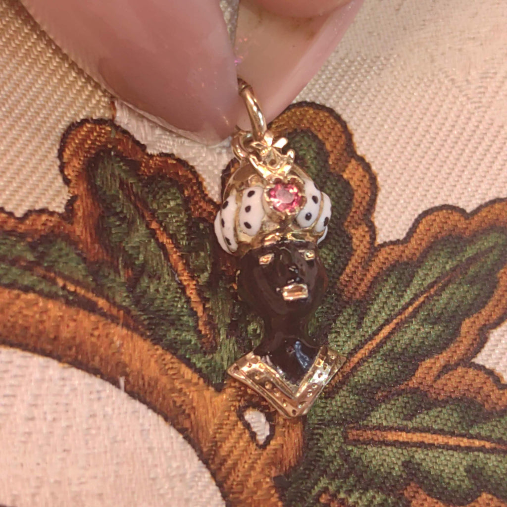 Antique Moor Ruby Moretti Vintage Solid 14k Gold charm White and Black Fire Enamel Gold Charm, 1900s Austrian Hungarian Monarchy Gift