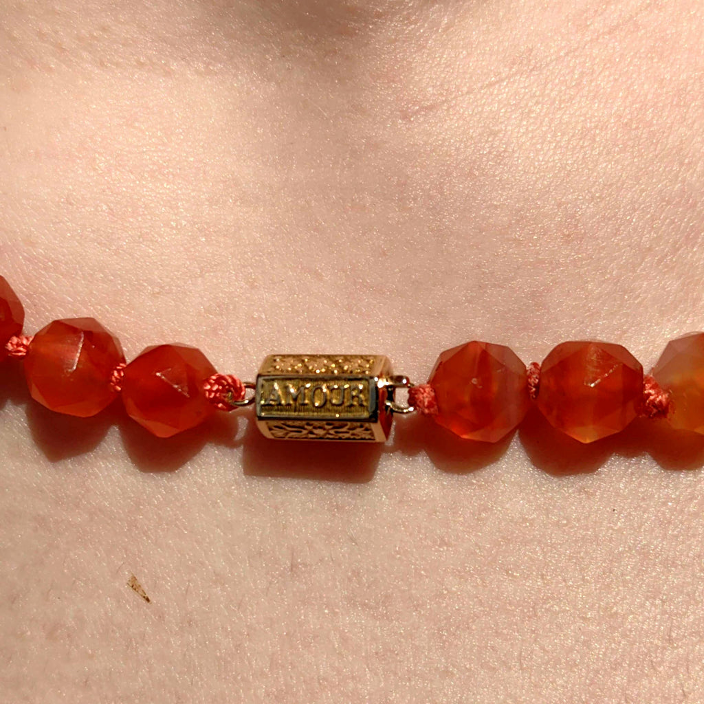 Antique Orange Agate Beaded Necklace: 14k Gold Amour Love Lock