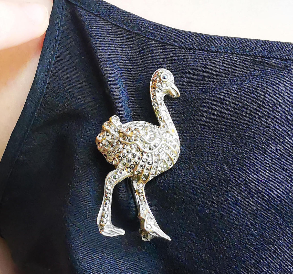 Antique 1920s Art Deco Ostrich Brooch, Natural Marcasite Gold-Plated Bird Pin, US Duty Free HTS 9706