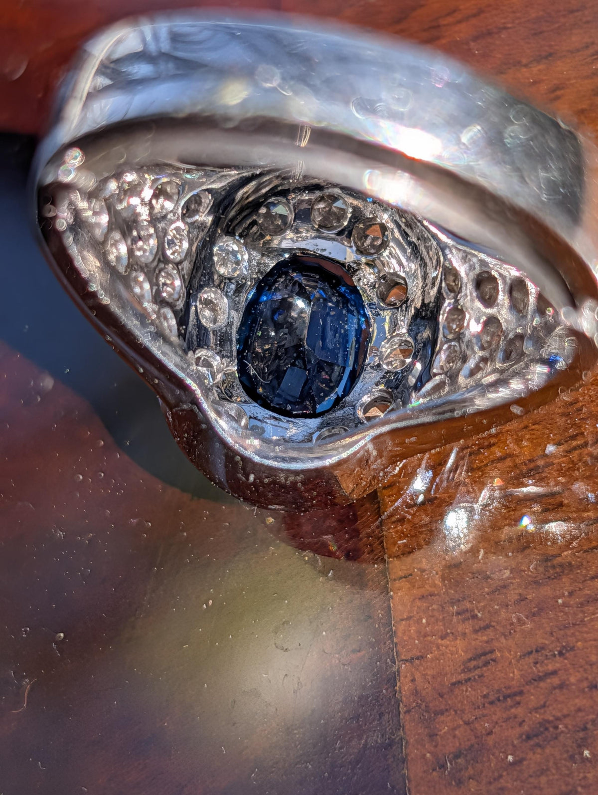 Natural Sapphire Diamond 18k 750 Hallmarked Solid White Gold Mid Century Engagement Ring, Vintage Antique Elegant Ring Gift for Her