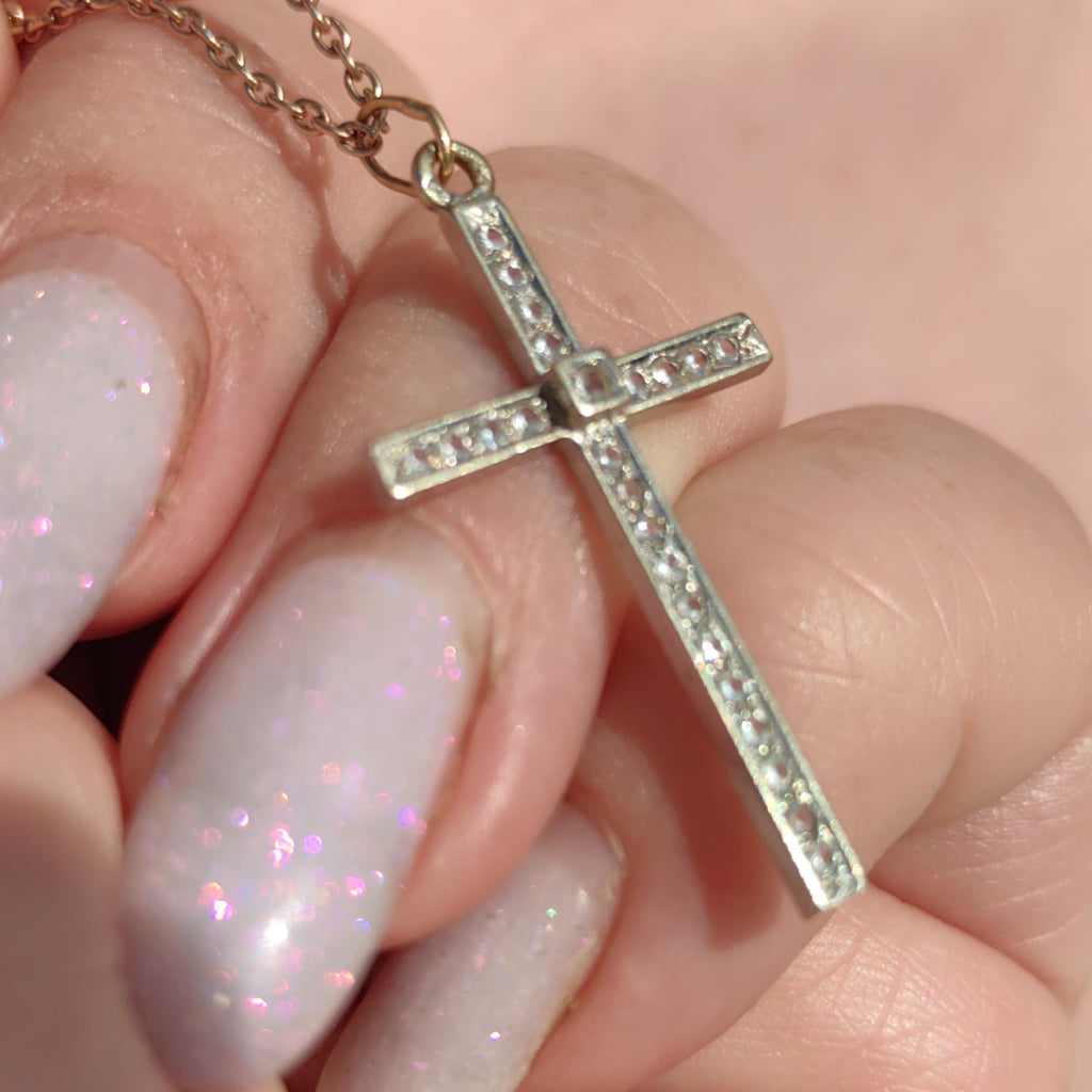 1920s Art Deco Diamond Solid Hallmarked 18k white Gold Catholic Cross Crucifix Pendant Antique Vintage Elegant Christian Statement Gift