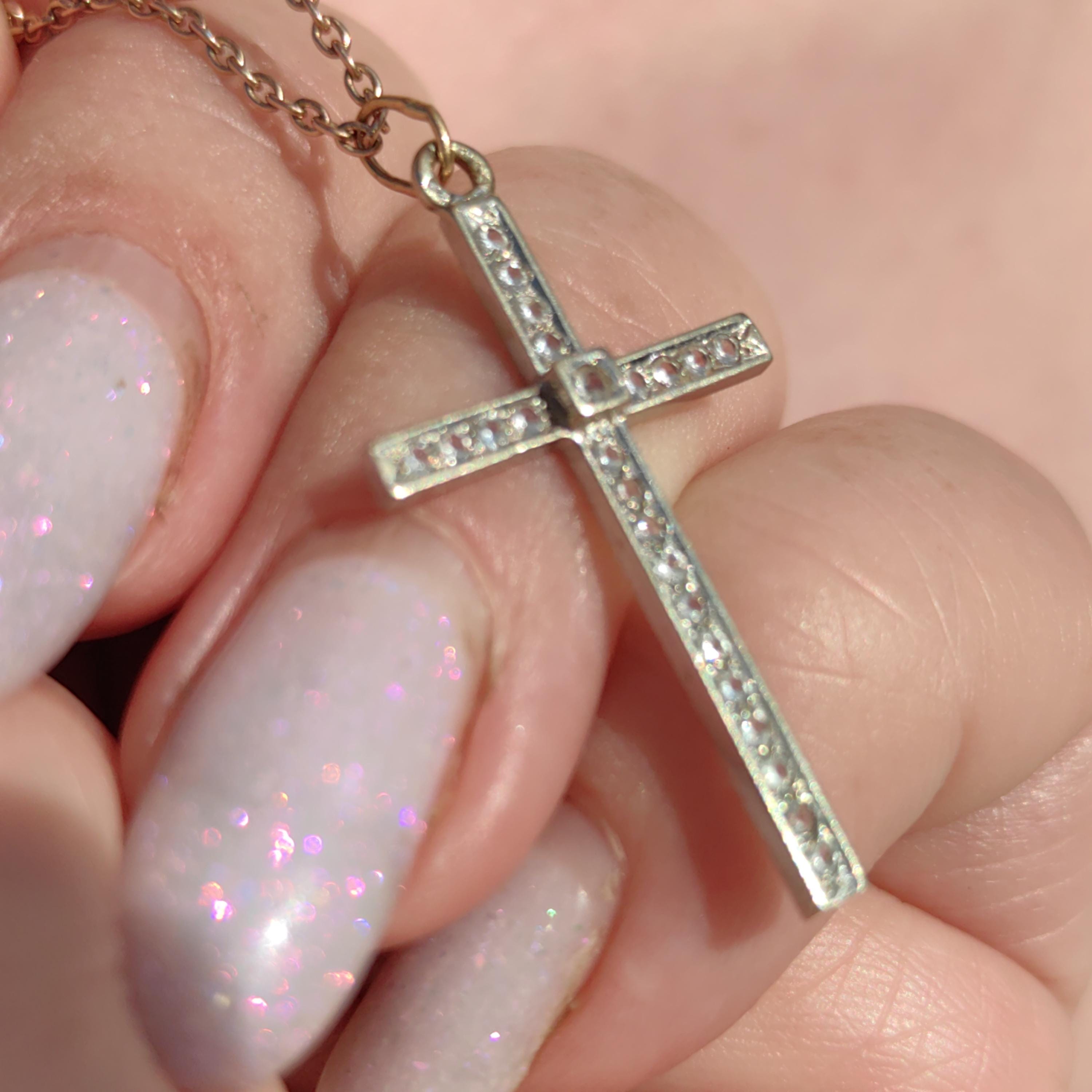 1920s Art Deco Diamond Solid Hallmarked 18k white Gold Catholic Cross Crucifix Pendant Antique Vintage Elegant Christian Statement Gift