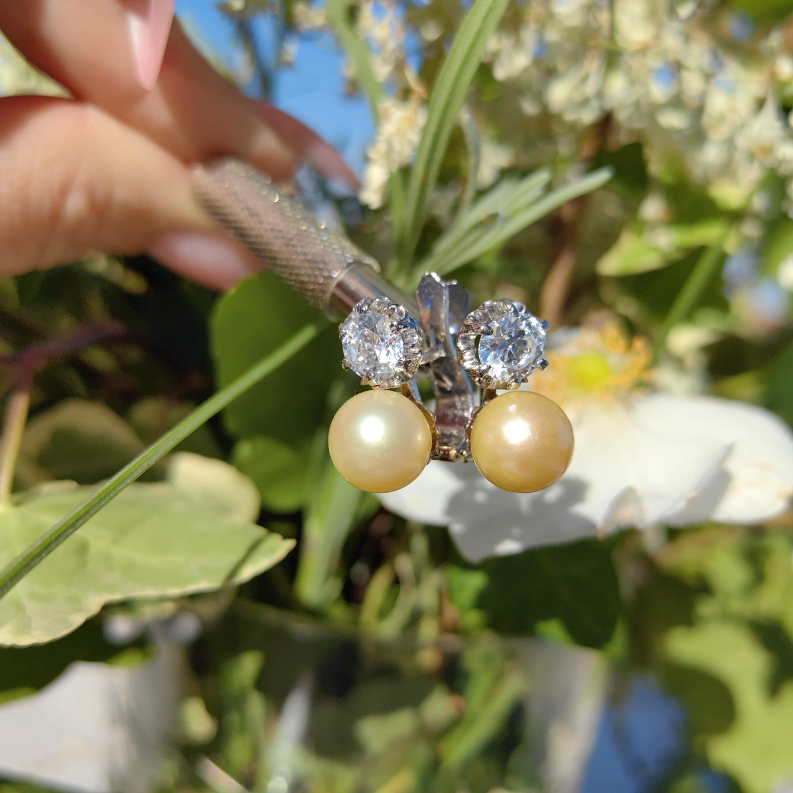 Art Deco Pearl Earrings: White Sapphire 18k White Gold, Handmade 1930s Style
