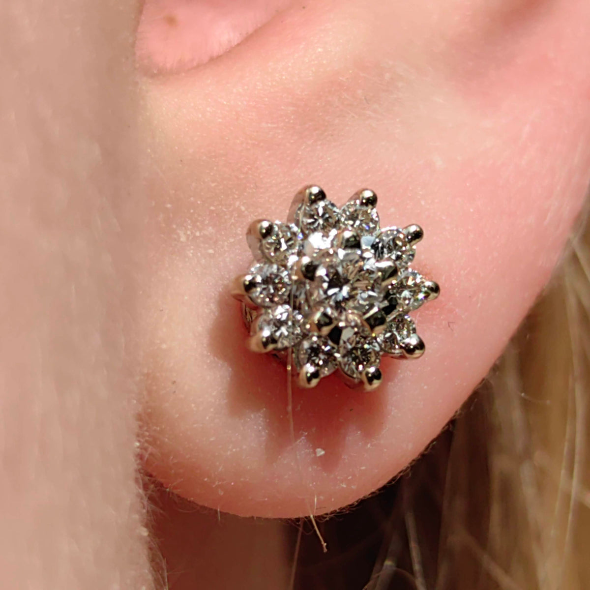 Antique Vintage 18k Solid Hallmarked White Gold 0.56 ct. Natural Diamond Floral Flower Stud Cluster Earrings Gift for Her Elegant Present