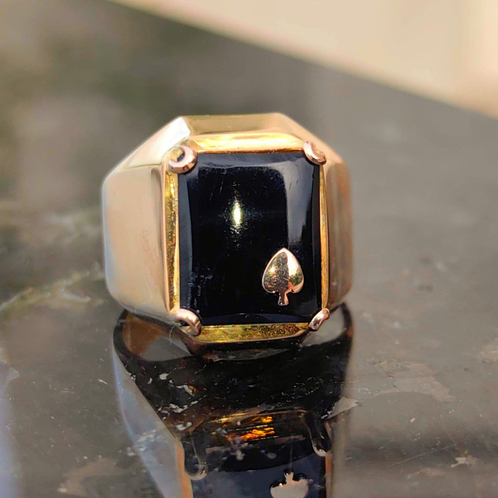 Art Deco 14k Gold Onyx Ring: Vintage Spade Statement Ring