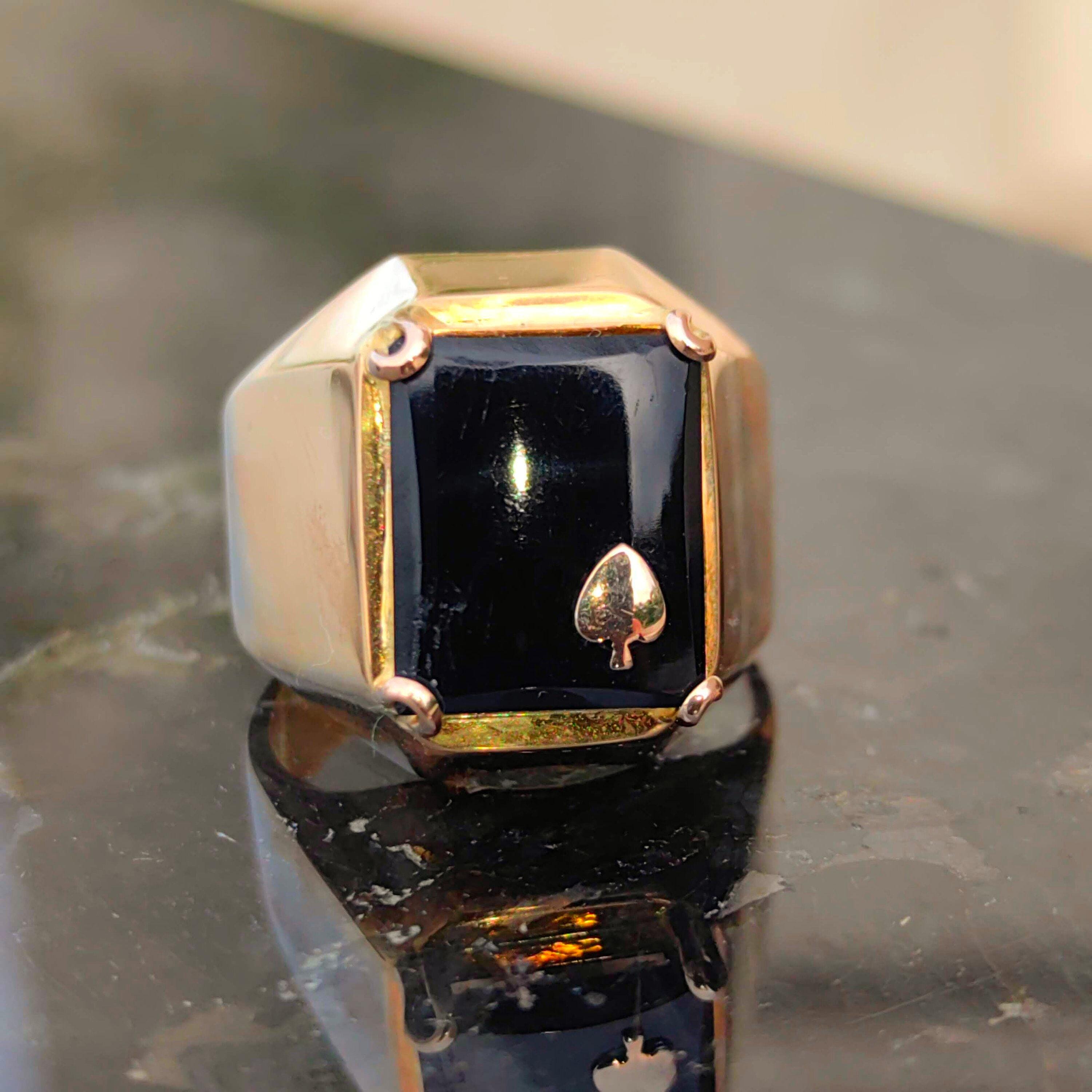 Art Deco 14k Gold Onyx Ring: Vintage Spade Statement Ring