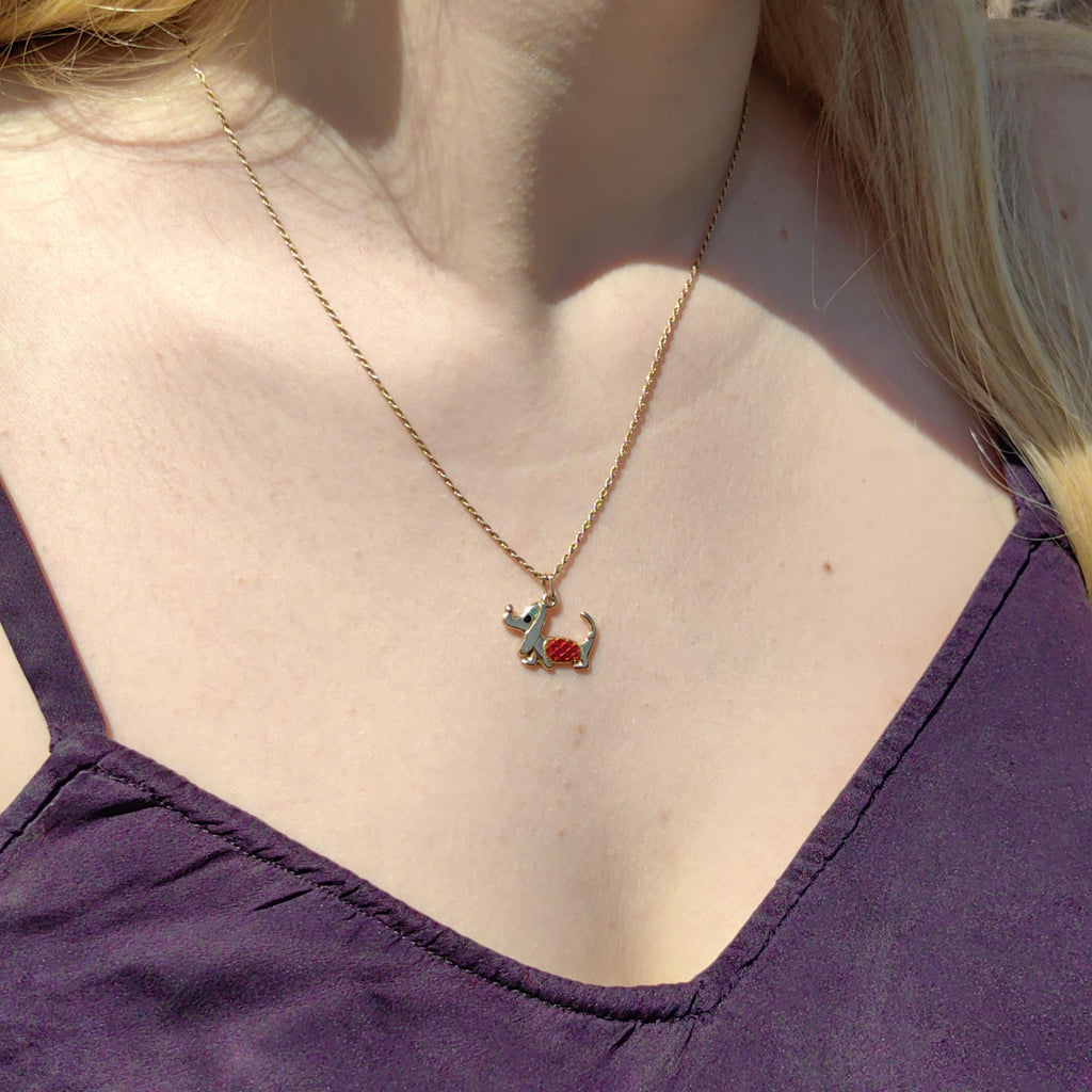 Vintage 14k Solid Yellow Gold Dachshund Dainty Elegant Pendant Hand Painted Fire Enamel Dog Bracelet Charm 1960s Style Necklace Pendant Gift