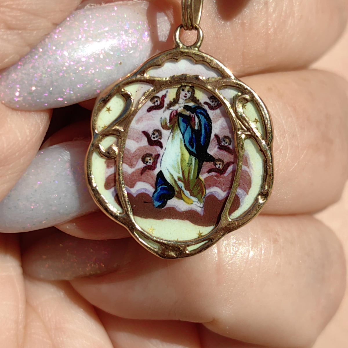 1900s Antique Vintage Virgin Mary Madonna Pendant 14K Solid Yellow Gold Medal Hand Painted Fire Enamel  Catholic Hungarian Christian Pendant