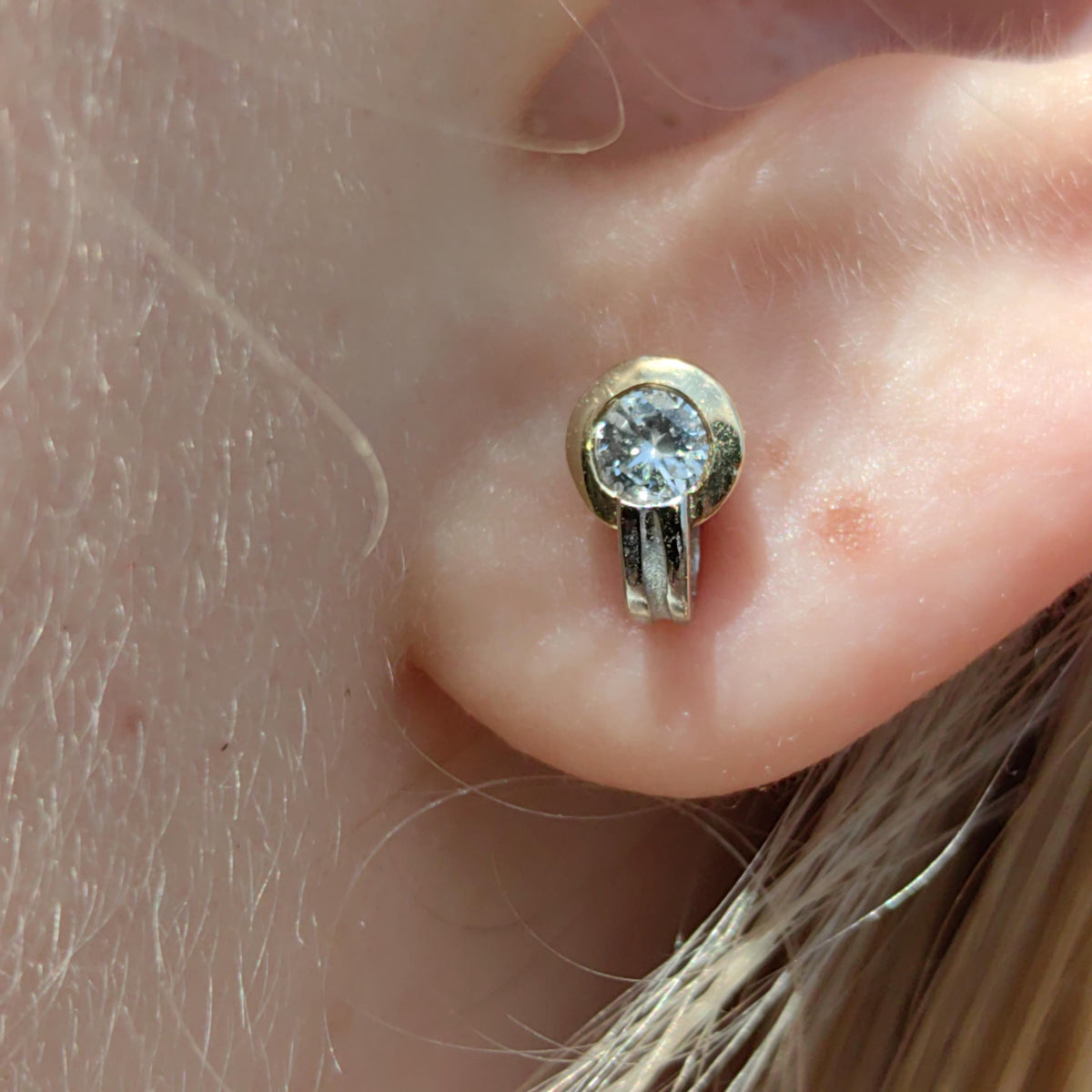 Diamond Stud Earrings: 14k Yellow & White Gold, Vintage Geometric Design