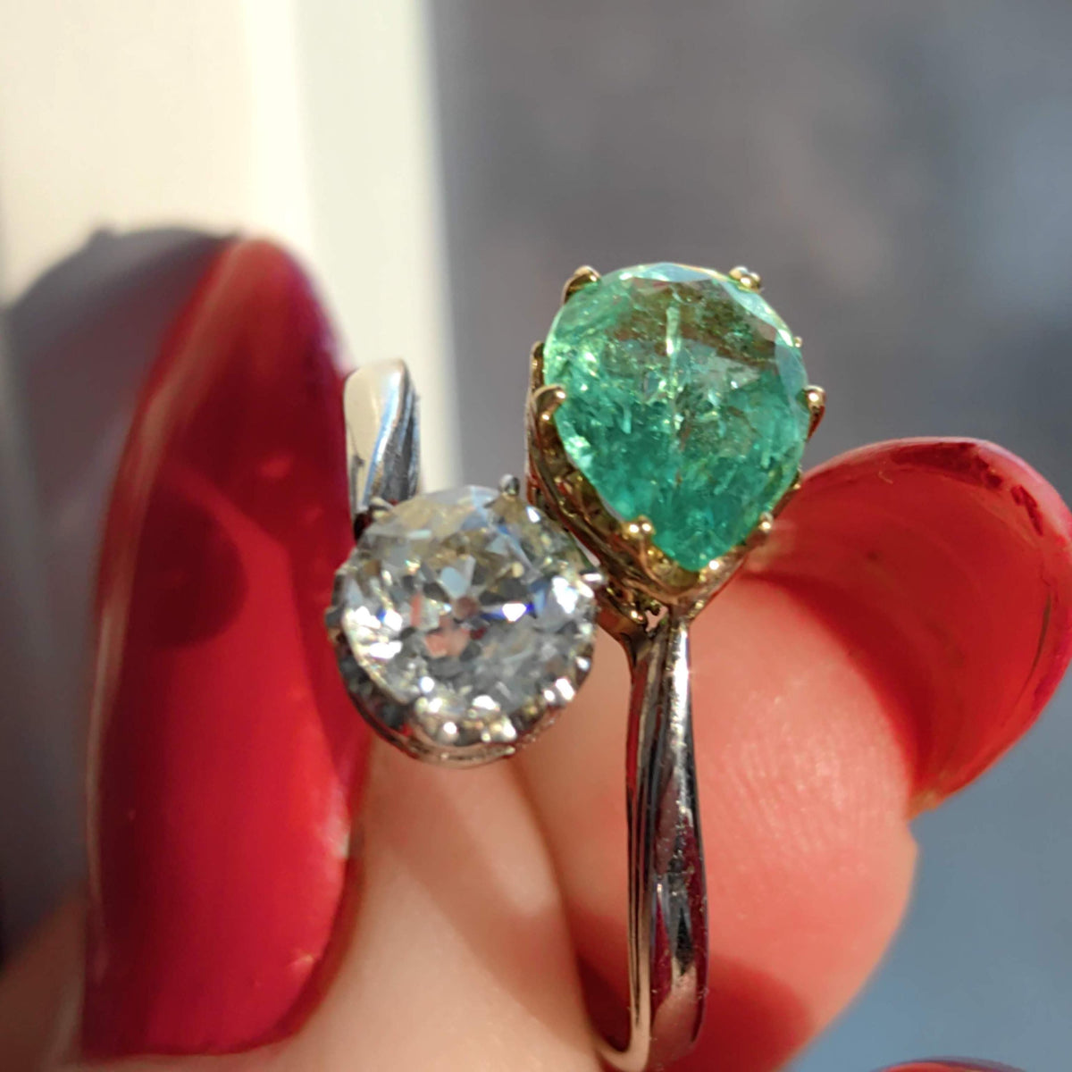 Edwardian Colombian Emerald Diamond Ring: 18k White Gold Antique Engagement Band