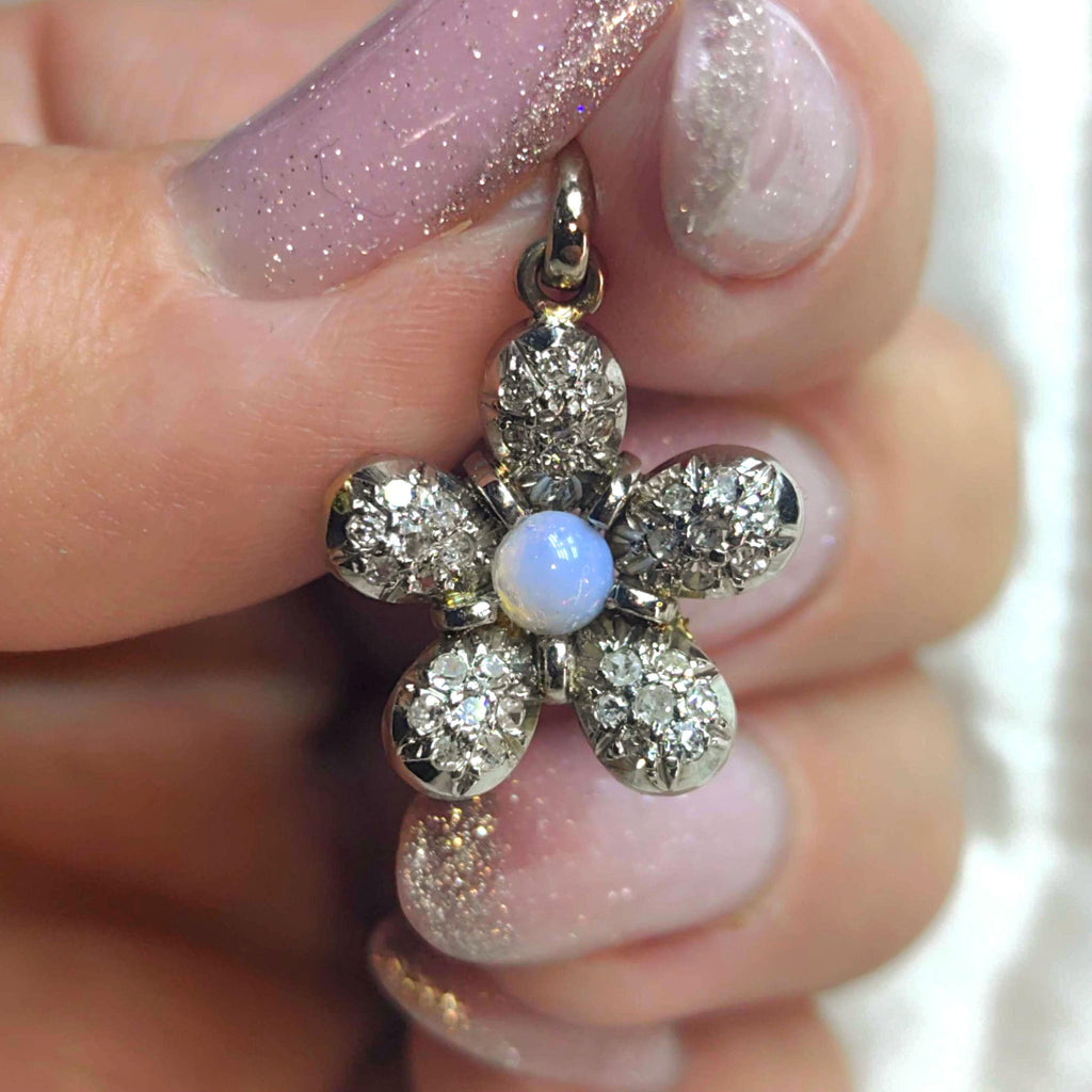 Art Deco Diamond Moonstone Flower Pendant: 18k White Gold Charm