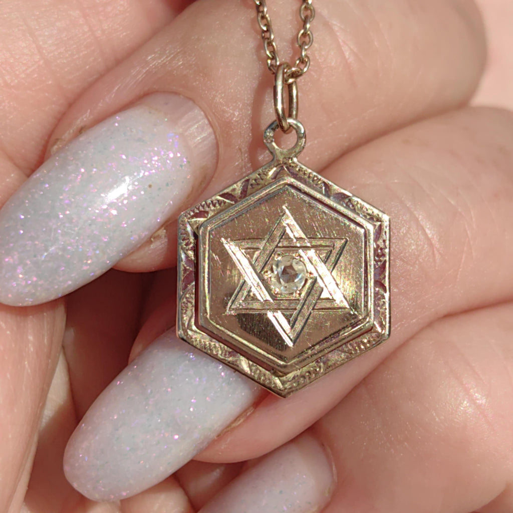 Diamond 14k Solid Yellow Gold Davids Star Jewish Judaica Vintage Antique Elegant Hand Carved Chiseled Pendant Charm Gift for Her